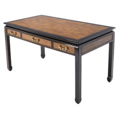 Burl Wood Black Lacquer Solid Brass Hardware Three-Drawer Desk Writing Table