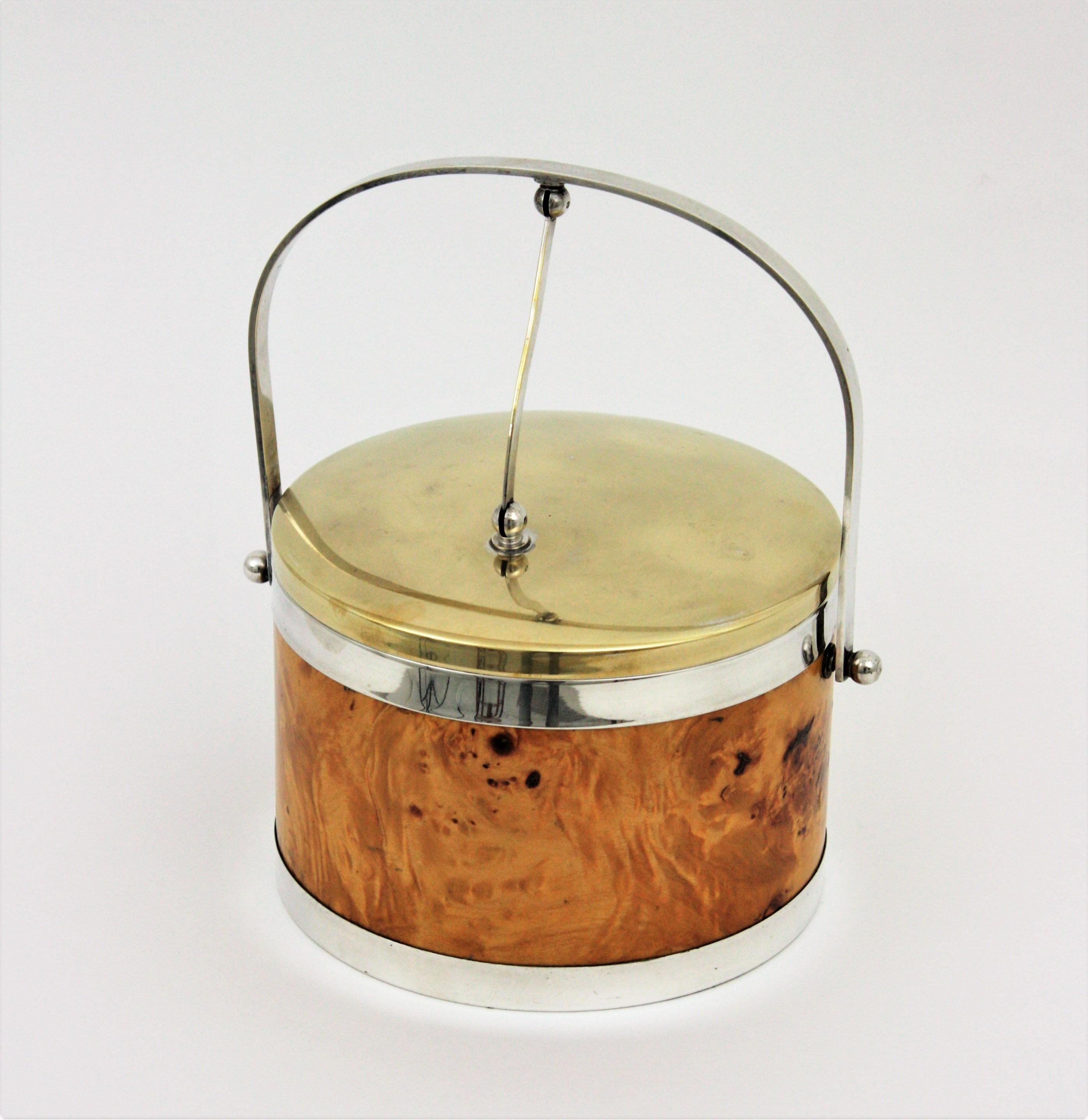 Burl Wood, Brass and Chrome Italian Ice Bucket, 1960s In Good Condition In Barcelona, ES