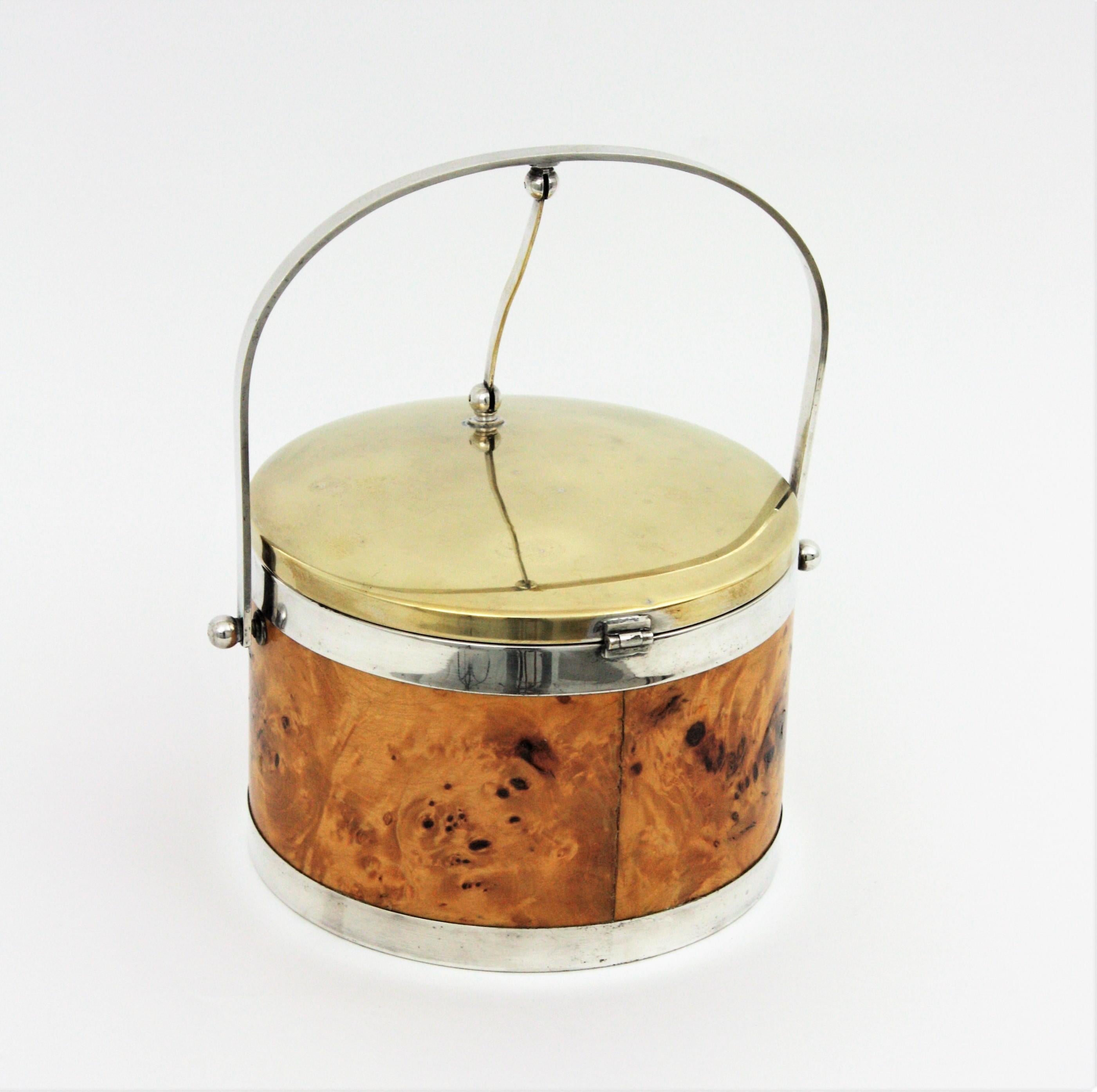 Burl Wood, Brass and Chrome Italian Ice Bucket, 1960s 1