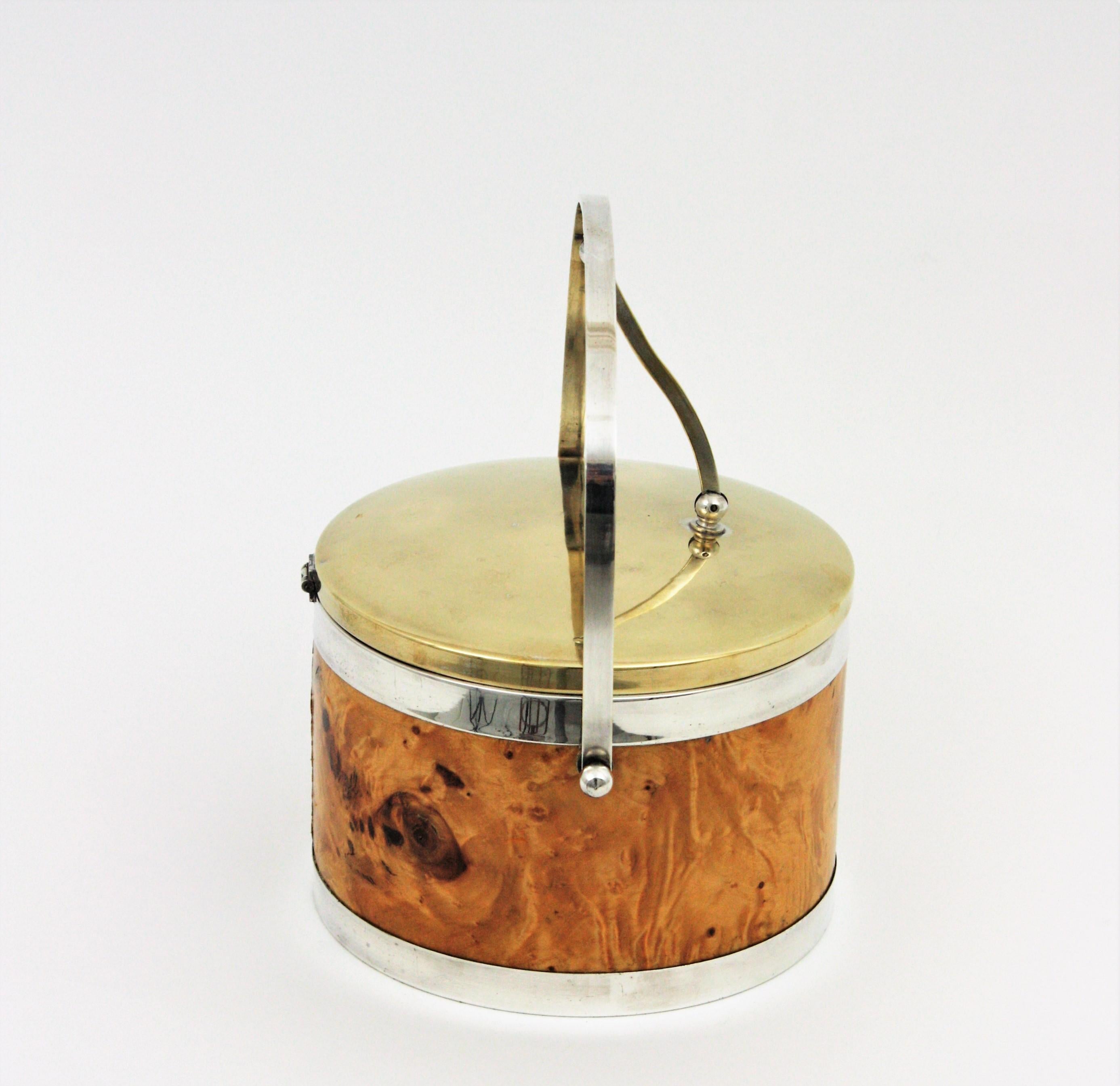 Burl Wood, Brass and Chrome Italian Ice Bucket, 1960s 3