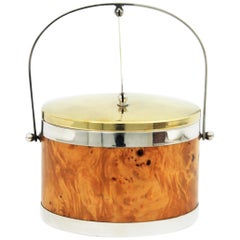 Vintage Burl Wood, Brass and Chrome Italian Ice Bucket, 1960s