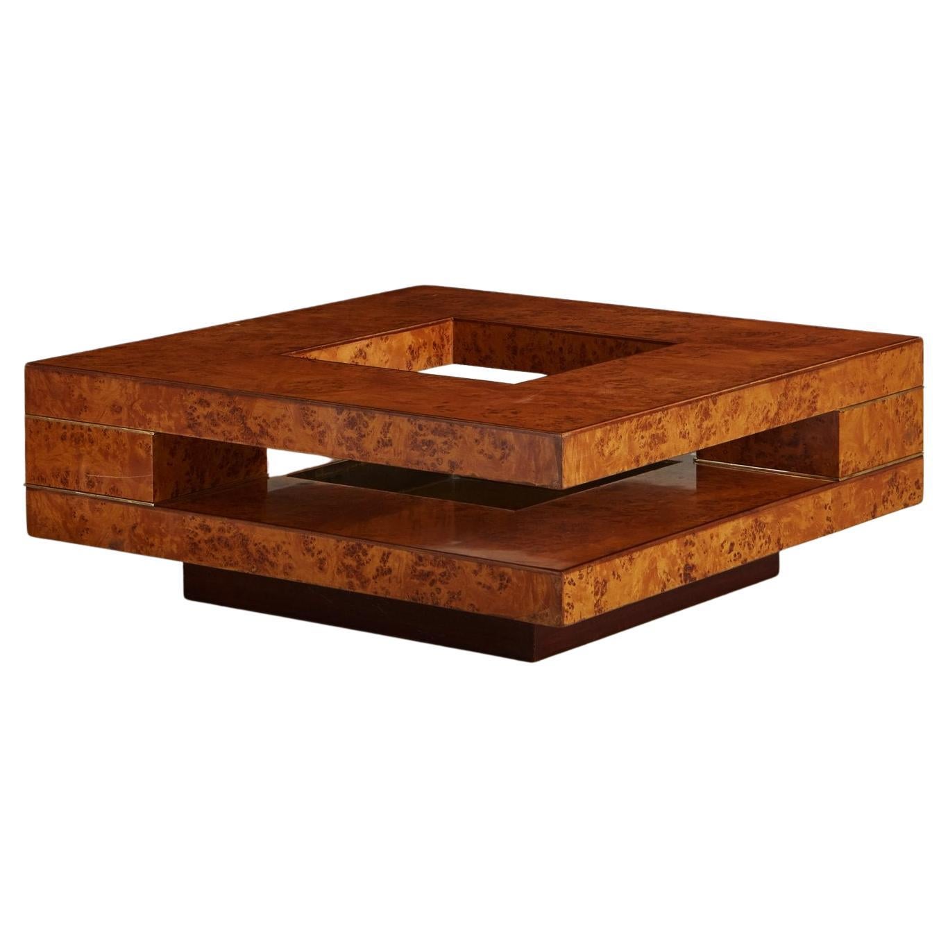 Burl Wood + Brass Coffee Table Attributed to Willy Rizzo, Italy, 1970s For Sale