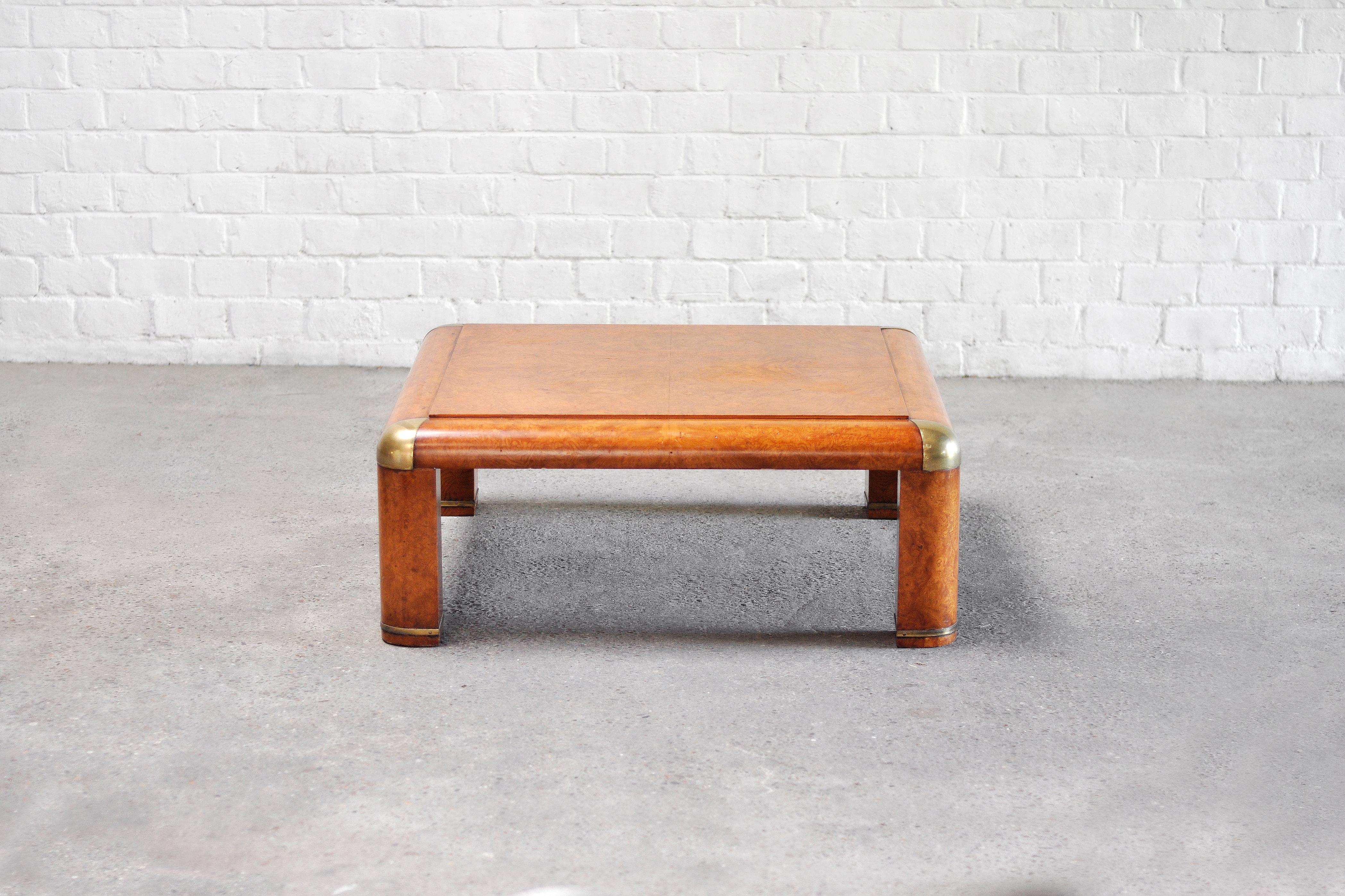 Mid-Century Modern Burl Wood & Brass Coffee Table By Karl Springer, 1970's For Sale