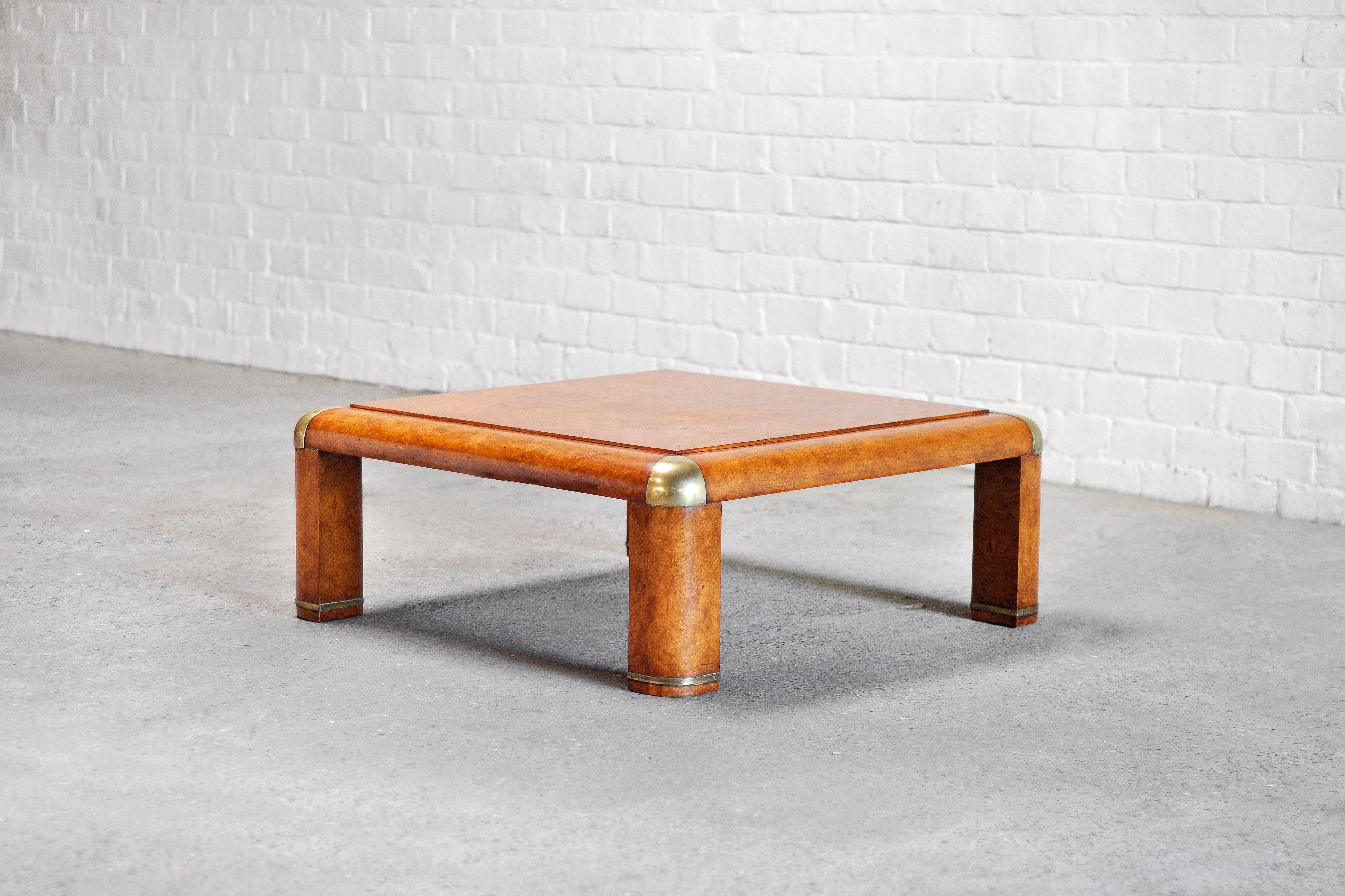 American Burl Wood & Brass Coffee Table By Karl Springer, 1970's For Sale