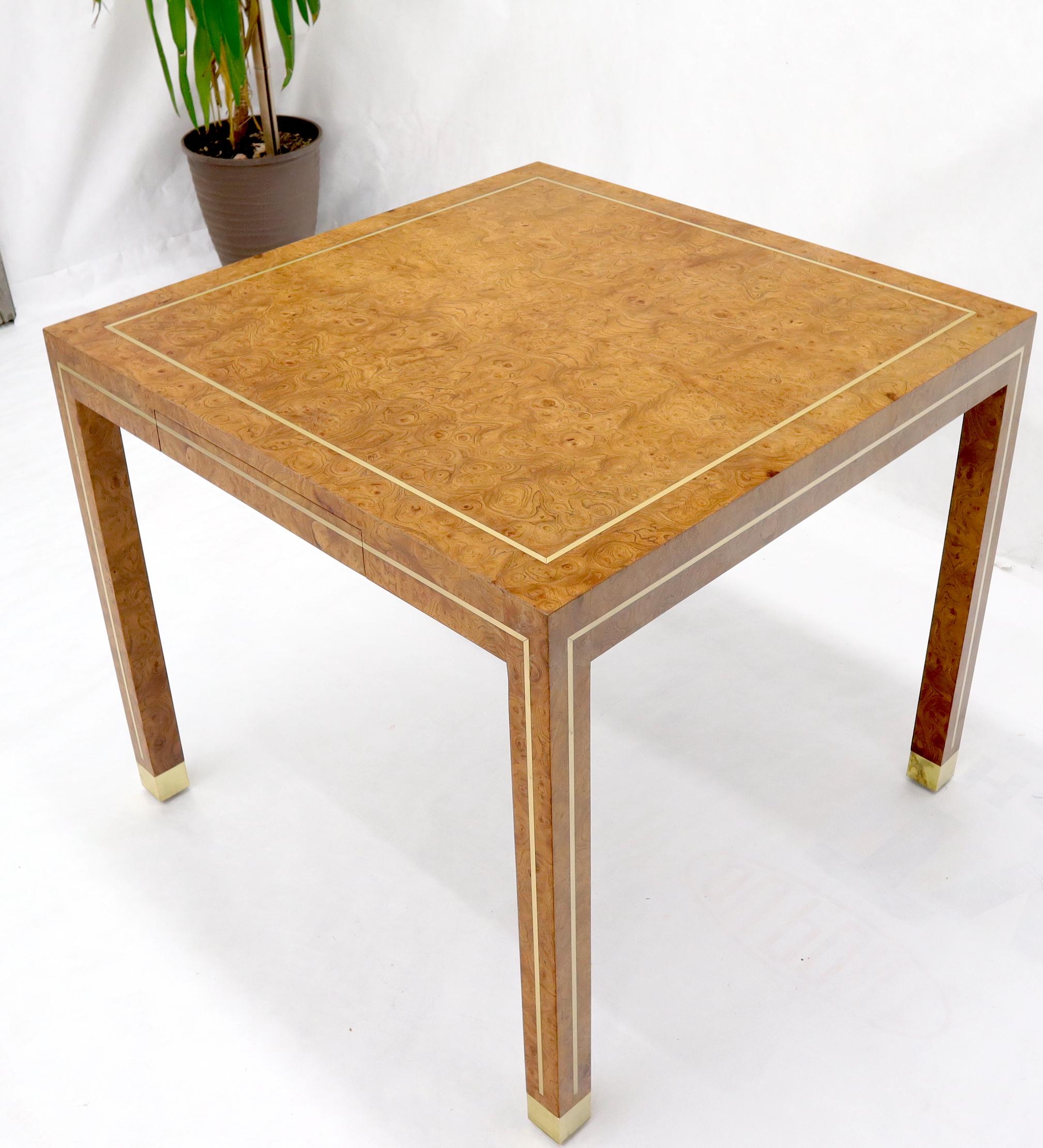 Mid-Century Modern burl wood brass inlay small square dining or game one-drawer table by Mastercraft.