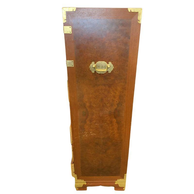 Burl Wood Campaign Tall Chest With Brass Butterfly Details In Good Condition For Sale In Locust Valley, NY