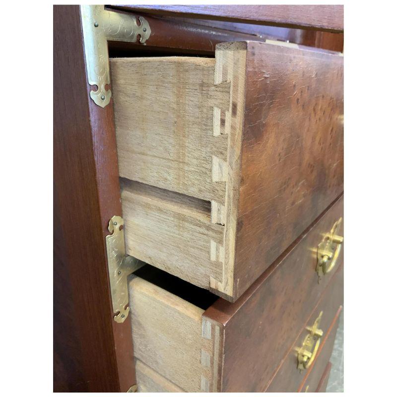 20th Century Burl Wood Campaign Tall Chest With Brass Butterfly Details For Sale