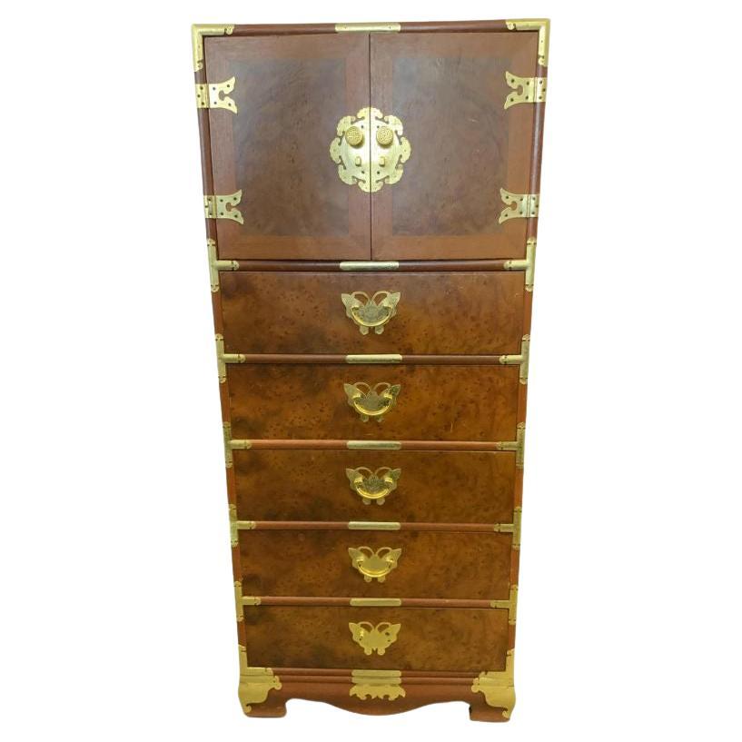Burl Wood Campaign Tall Chest With Brass Butterfly Details For Sale