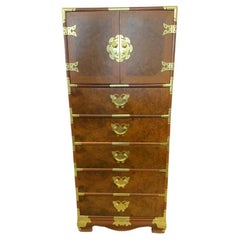 Vintage Burl Wood Campaign Tall Chest With Brass Butterfly Details