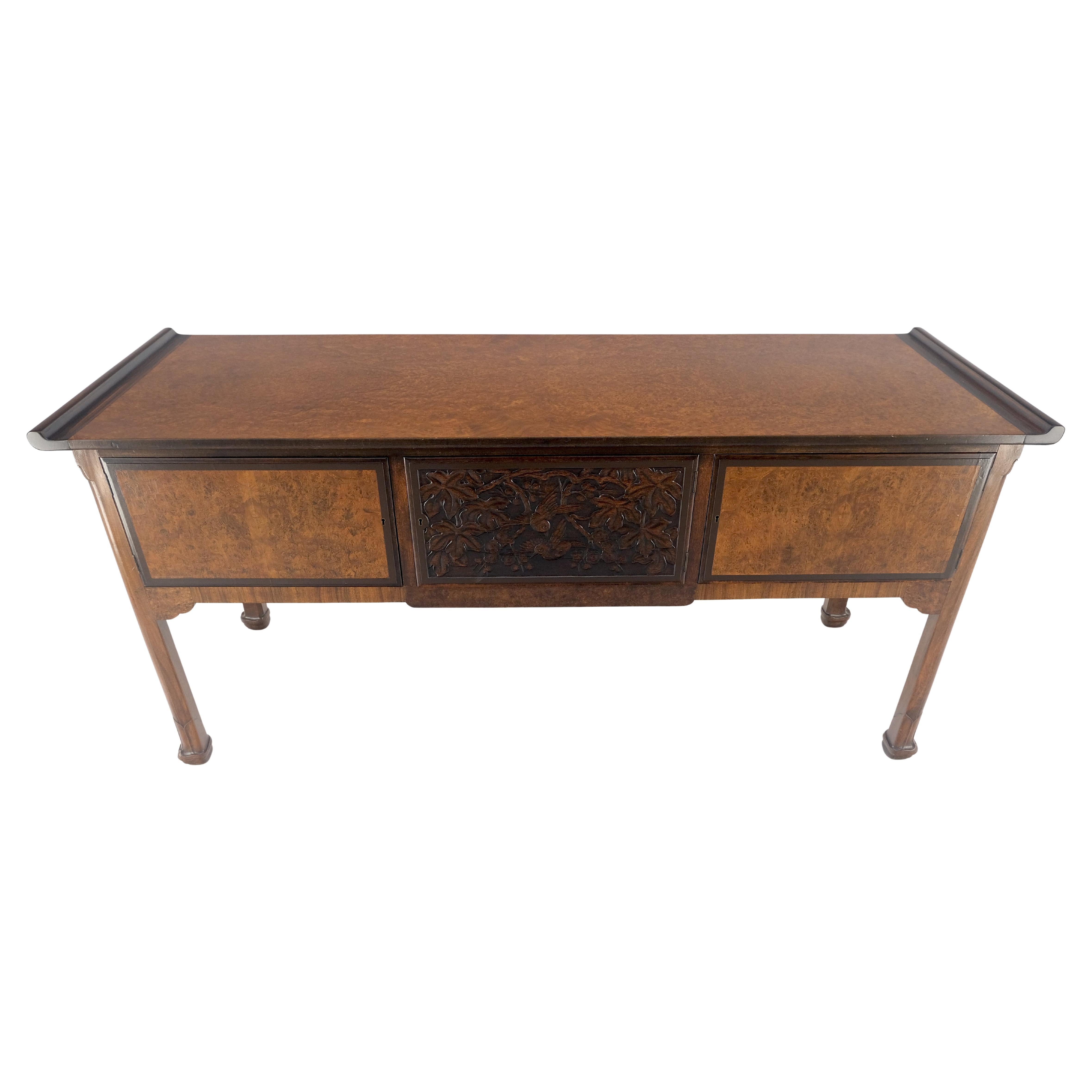 Chinoiserie Burl Wood & Carved Solid Rosewood Rolled Edges 3 Door Compartment 72