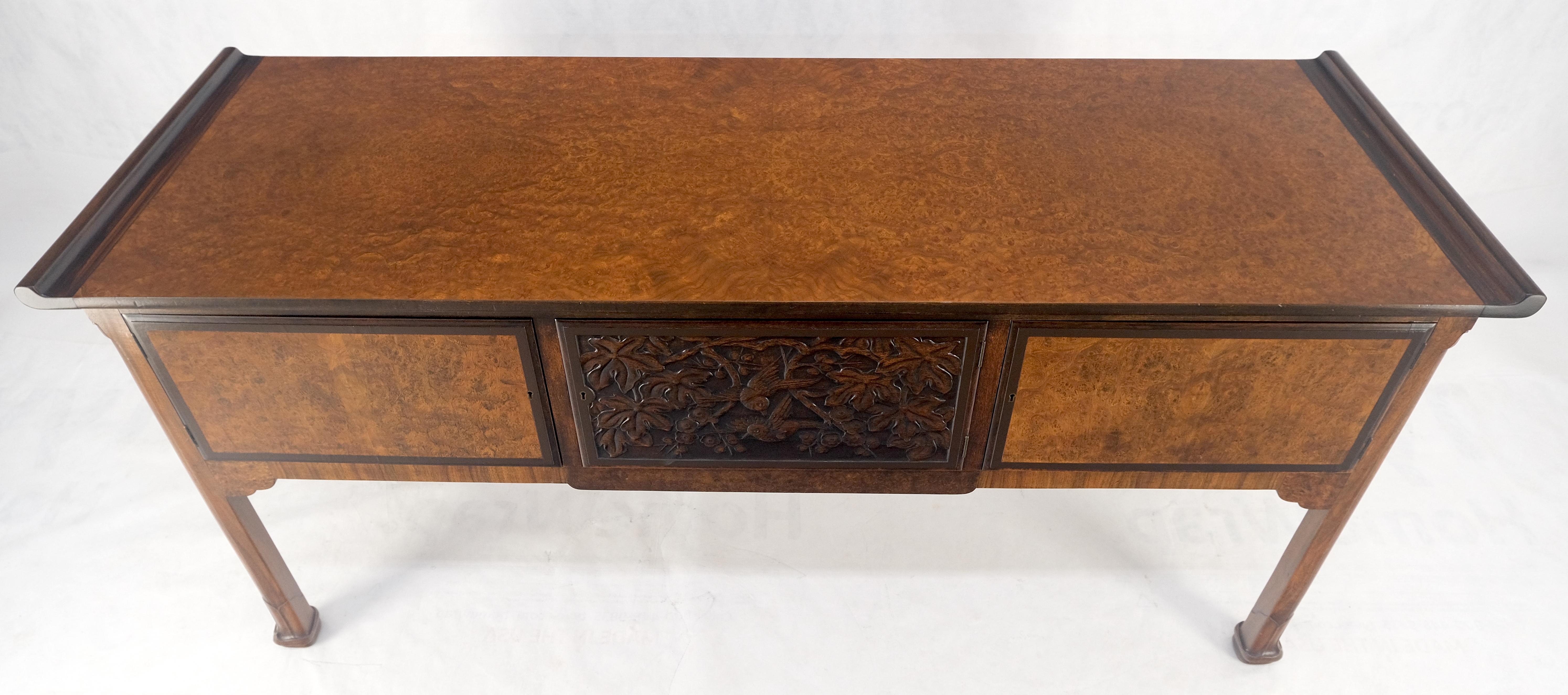 Asian Burl Wood & Carved Solid Rosewood Rolled Edges 3 Door Compartment 72