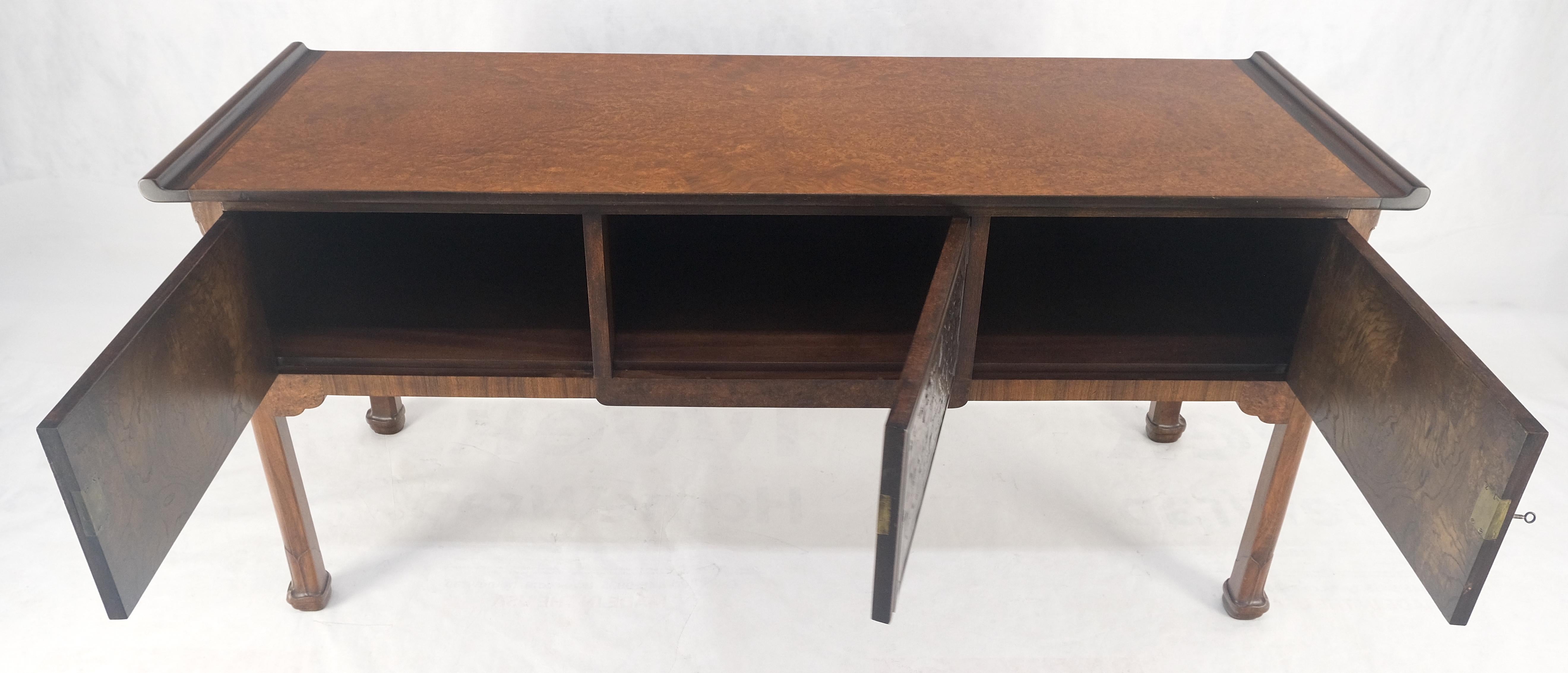 20th Century Burl Wood & Carved Solid Rosewood Rolled Edges 3 Door Compartment 72