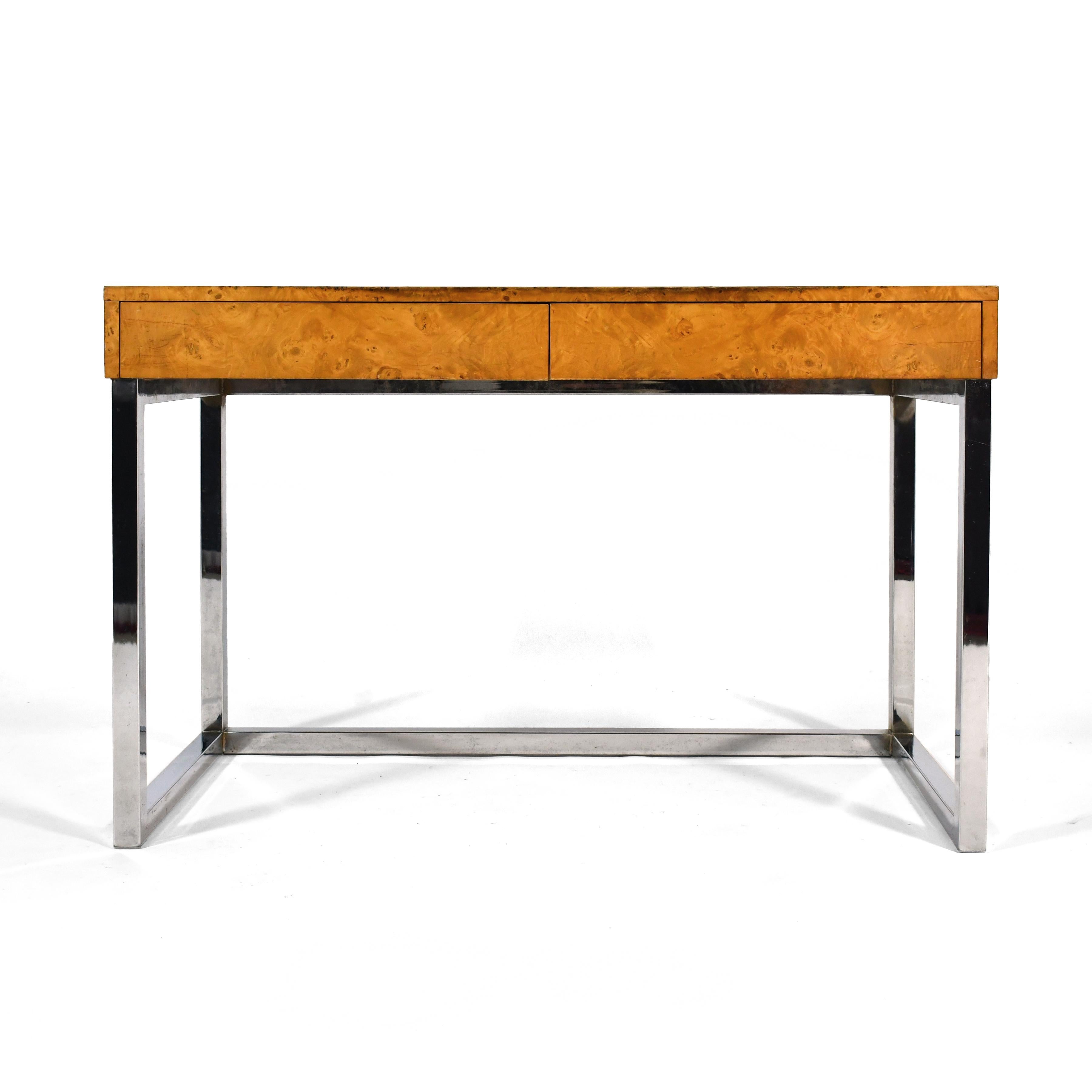 Mid-Century Modern Burl Wood & Chrome Desk in the Manner of Milo Baughman