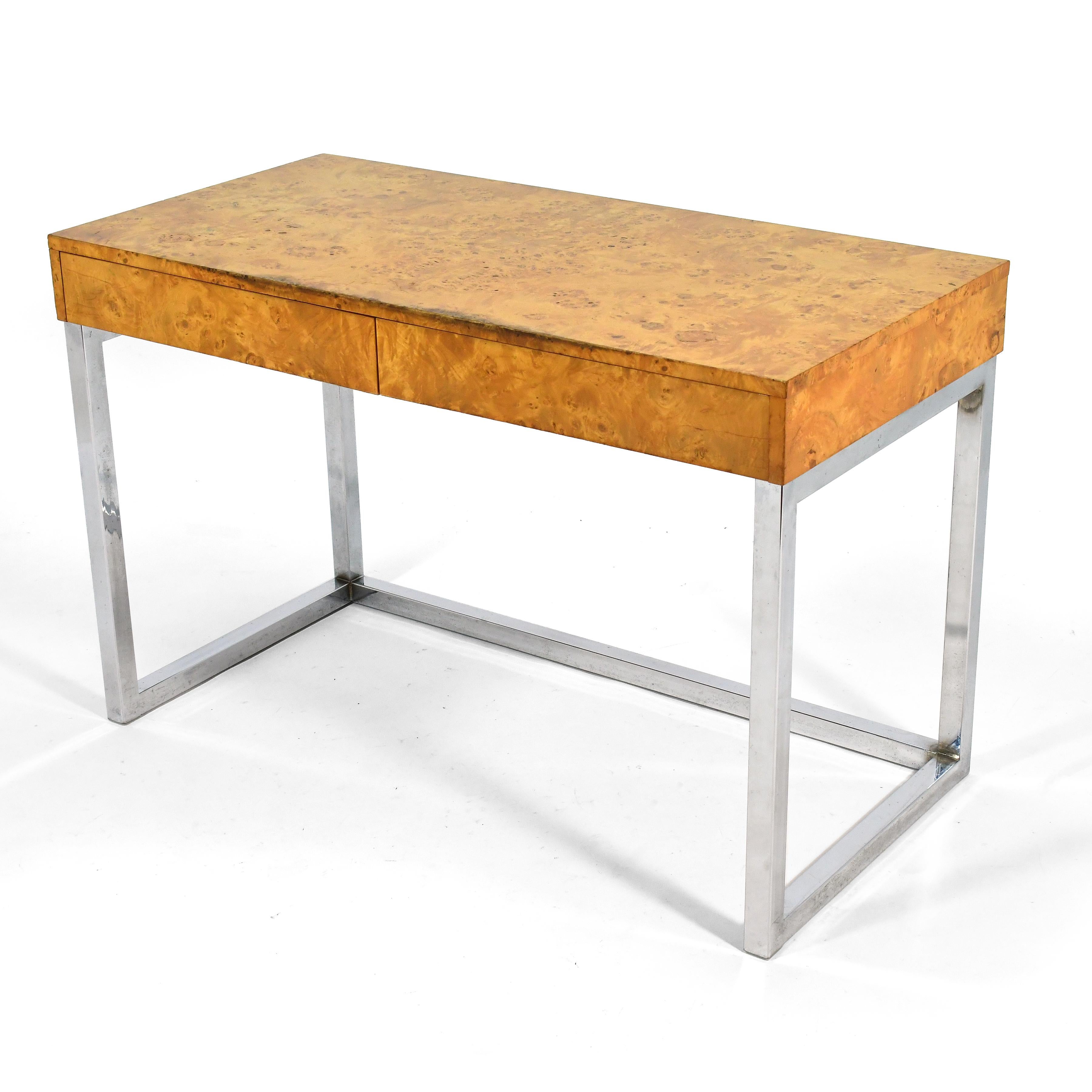 American Burl Wood & Chrome Desk in the Manner of Milo Baughman