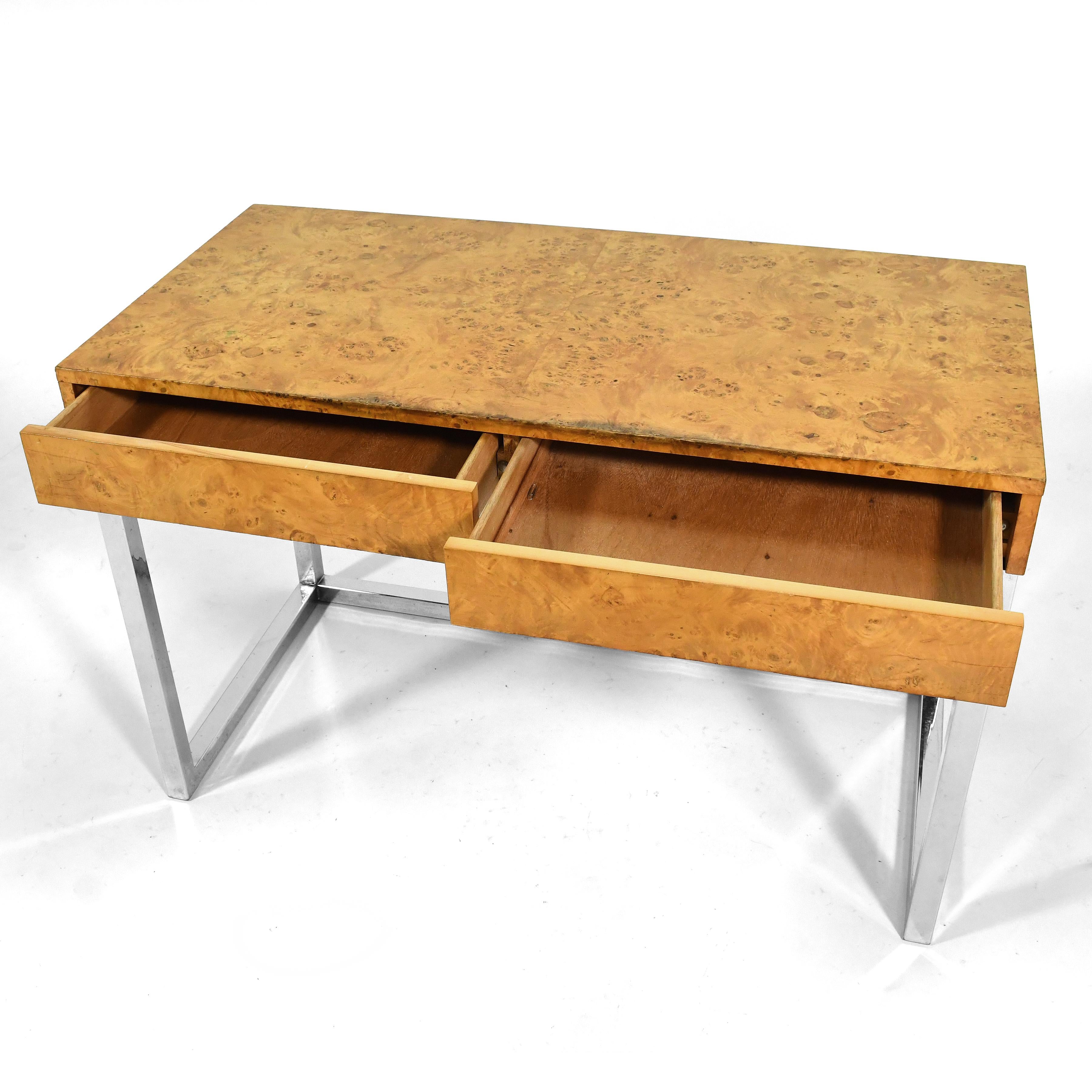 Plated Burl Wood & Chrome Desk in the Manner of Milo Baughman