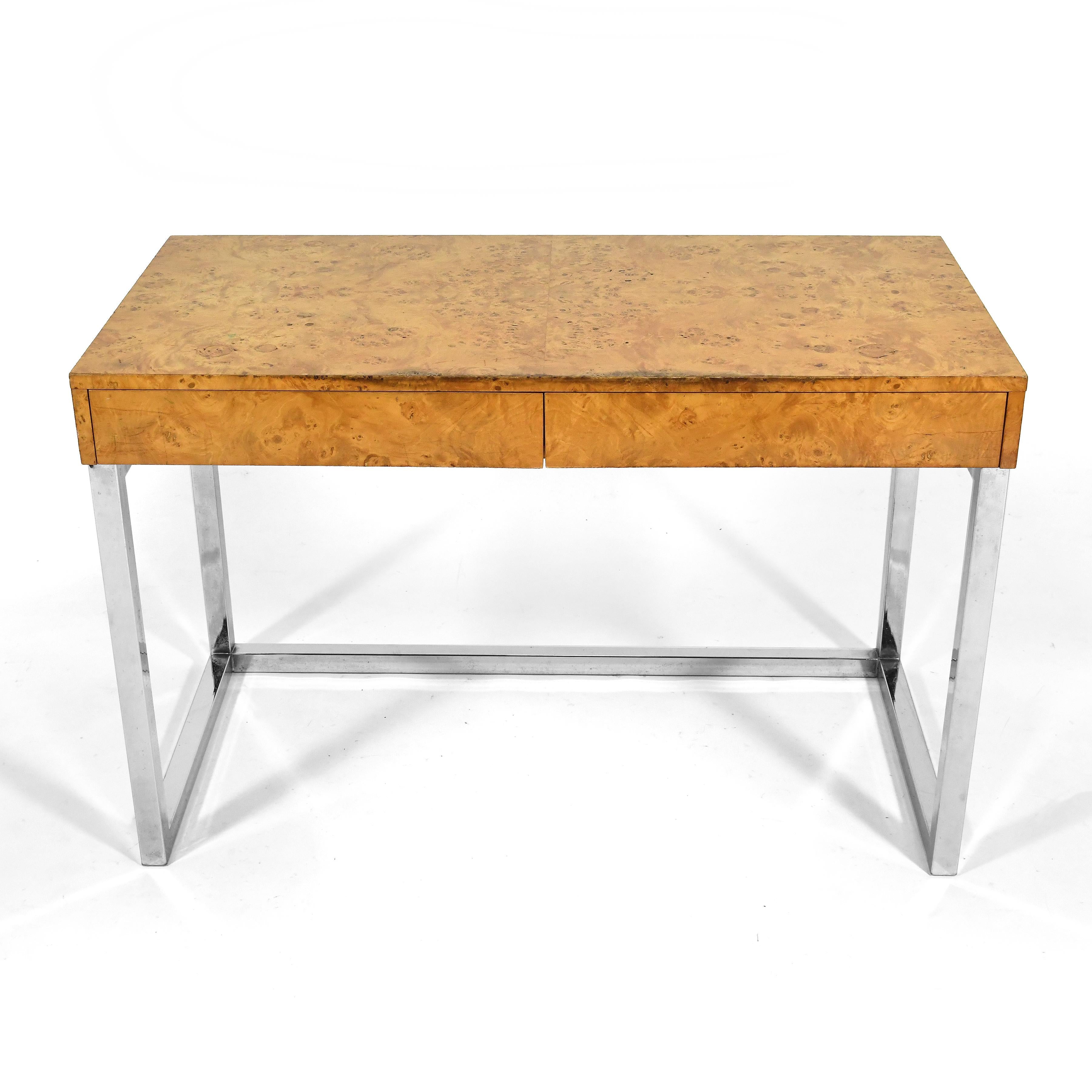 Late 20th Century Burl Wood & Chrome Desk in the Manner of Milo Baughman