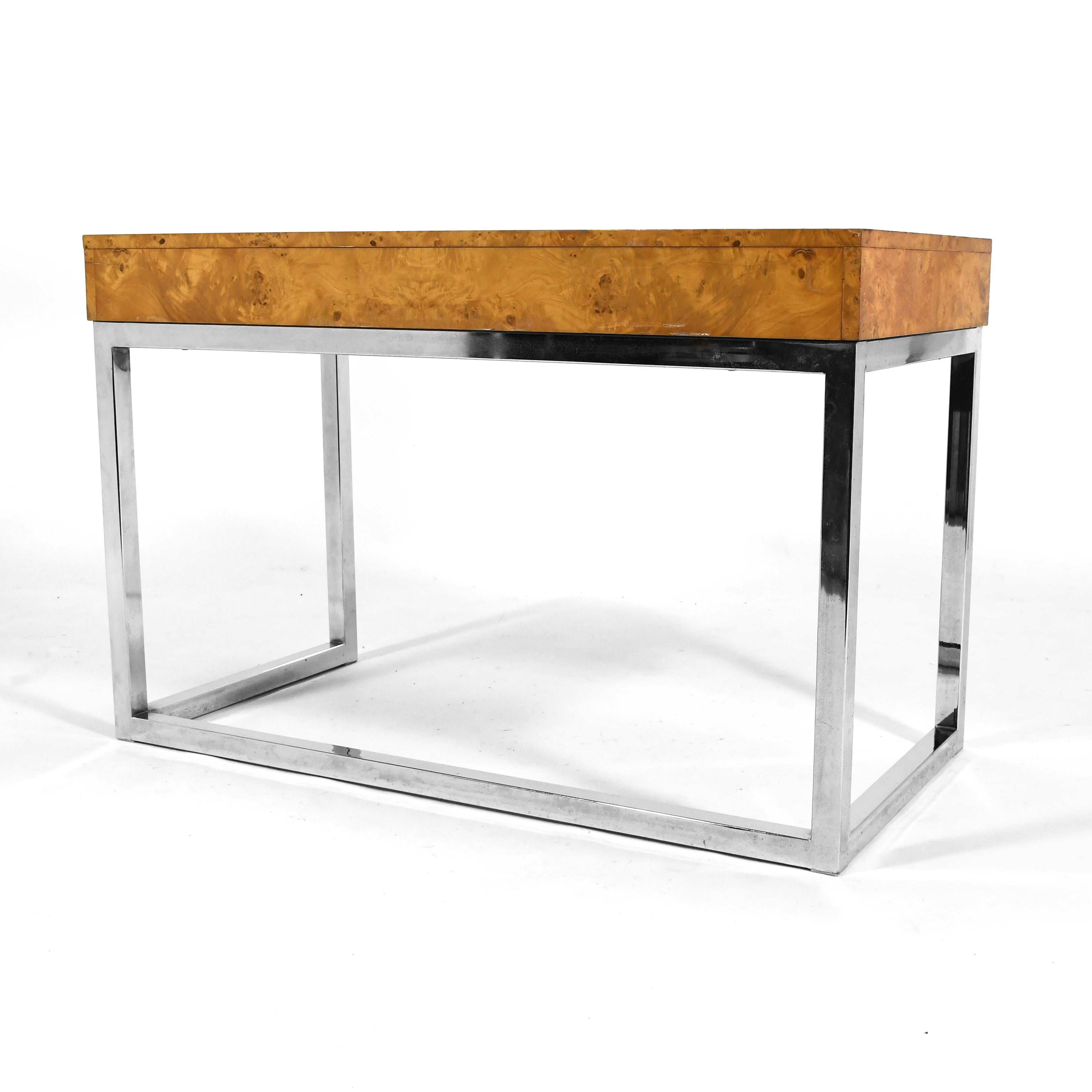 Steel Burl Wood & Chrome Desk in the Manner of Milo Baughman
