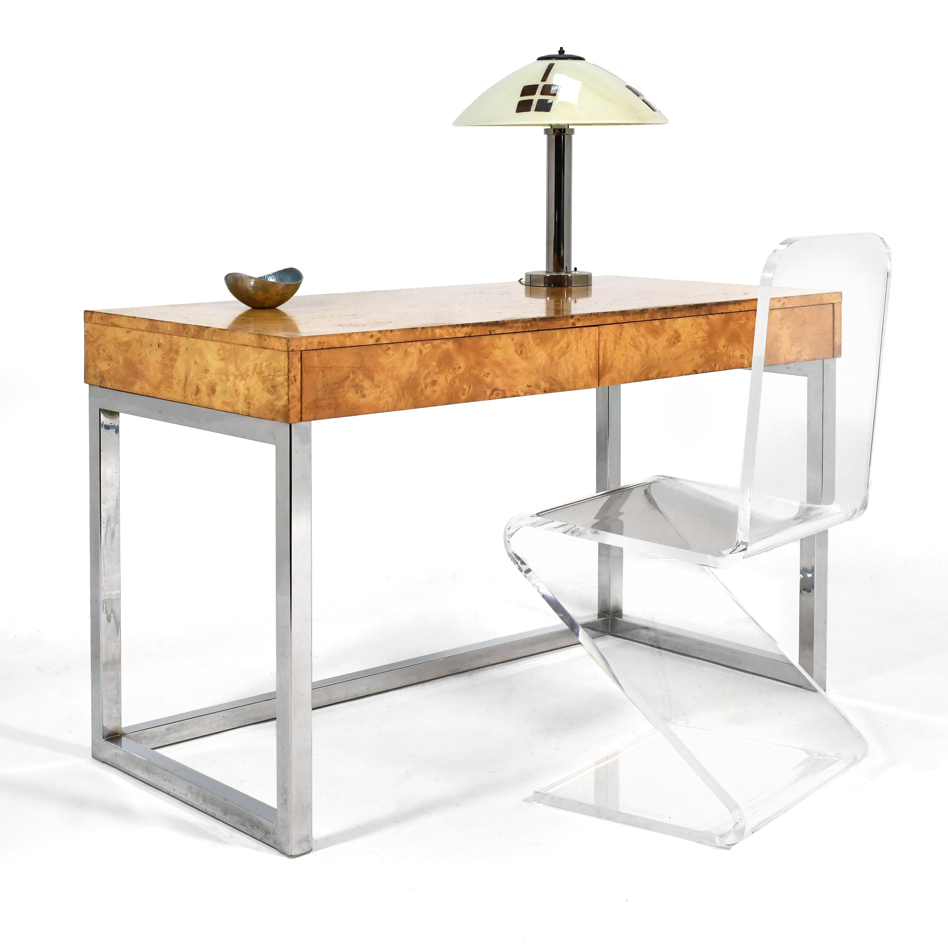 Burl Wood & Chrome Desk in the Manner of Milo Baughman 1