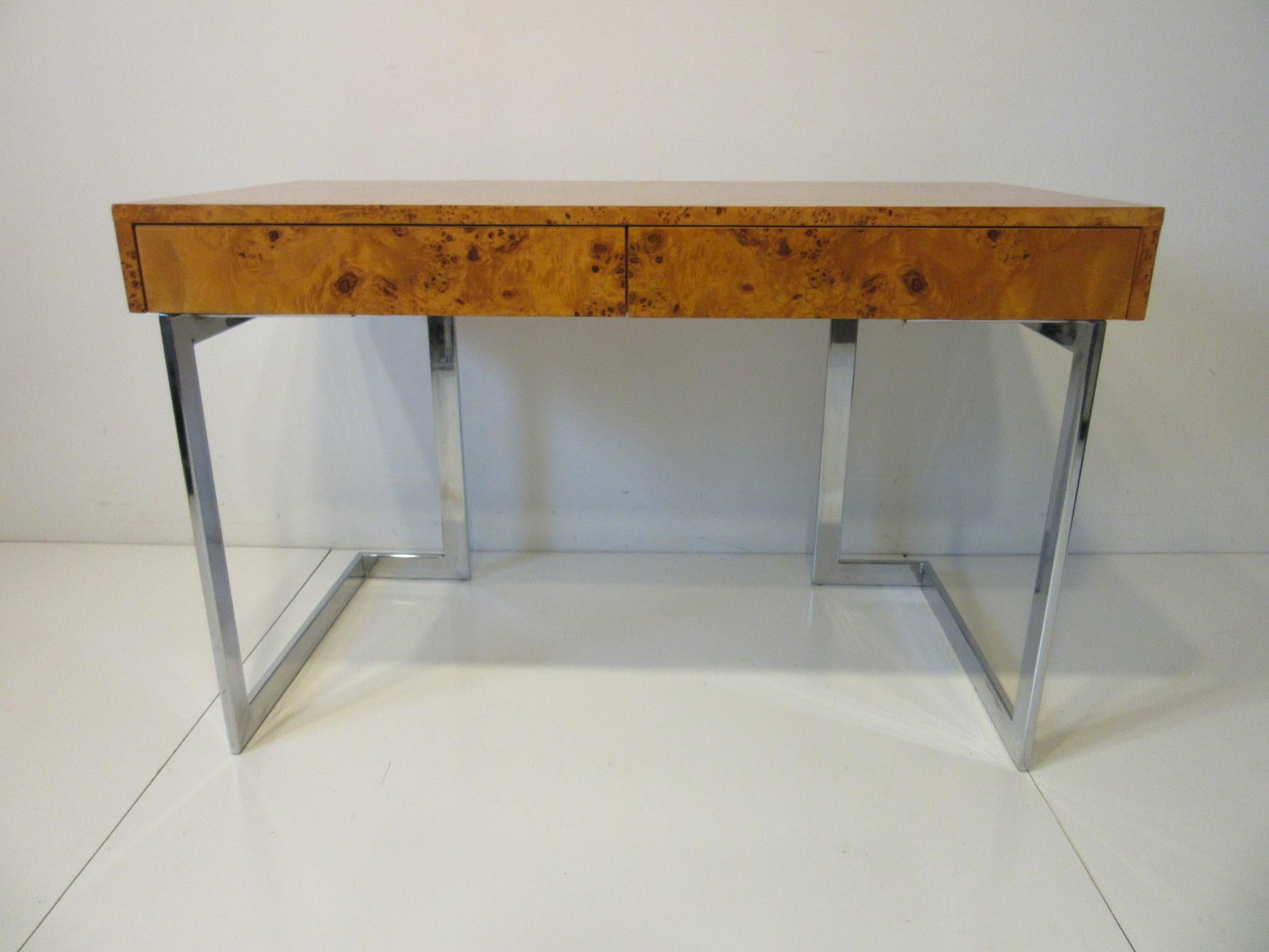 Burl Wood / Chrome Writing Desk Attub: Milo Baughman   6