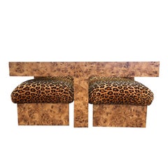 Burl Wood Cocktail Table with Glass Top 4 Ottoman Soufflé Poufs in Animal Print