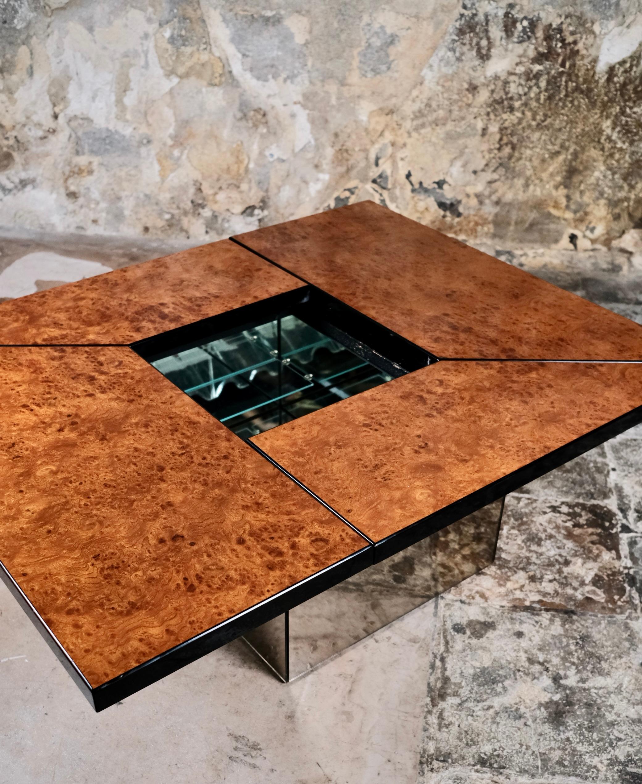 Burl wood coffee table with bar by Paul Michel for Roche Bobois, 1980s For Sale 5