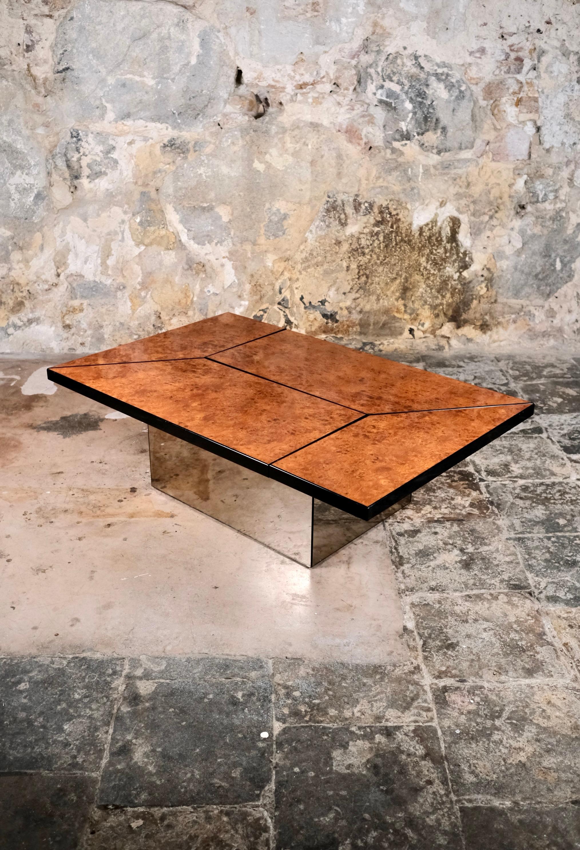 Mid-Century Modern Burl wood coffee table with bar by Paul Michel for Roche Bobois, 1980s For Sale