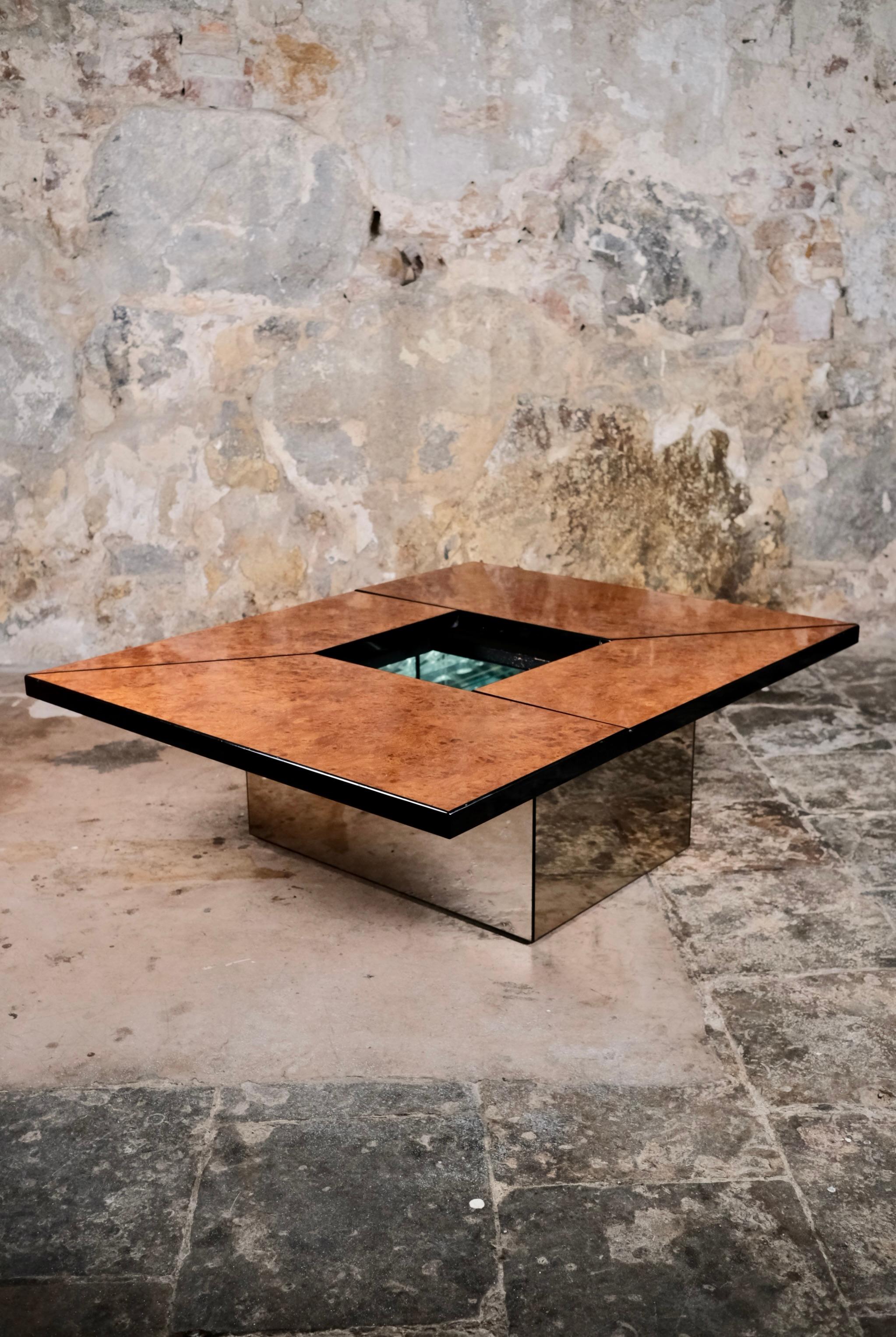 French Burl wood coffee table with bar by Paul Michel for Roche Bobois, 1980s For Sale
