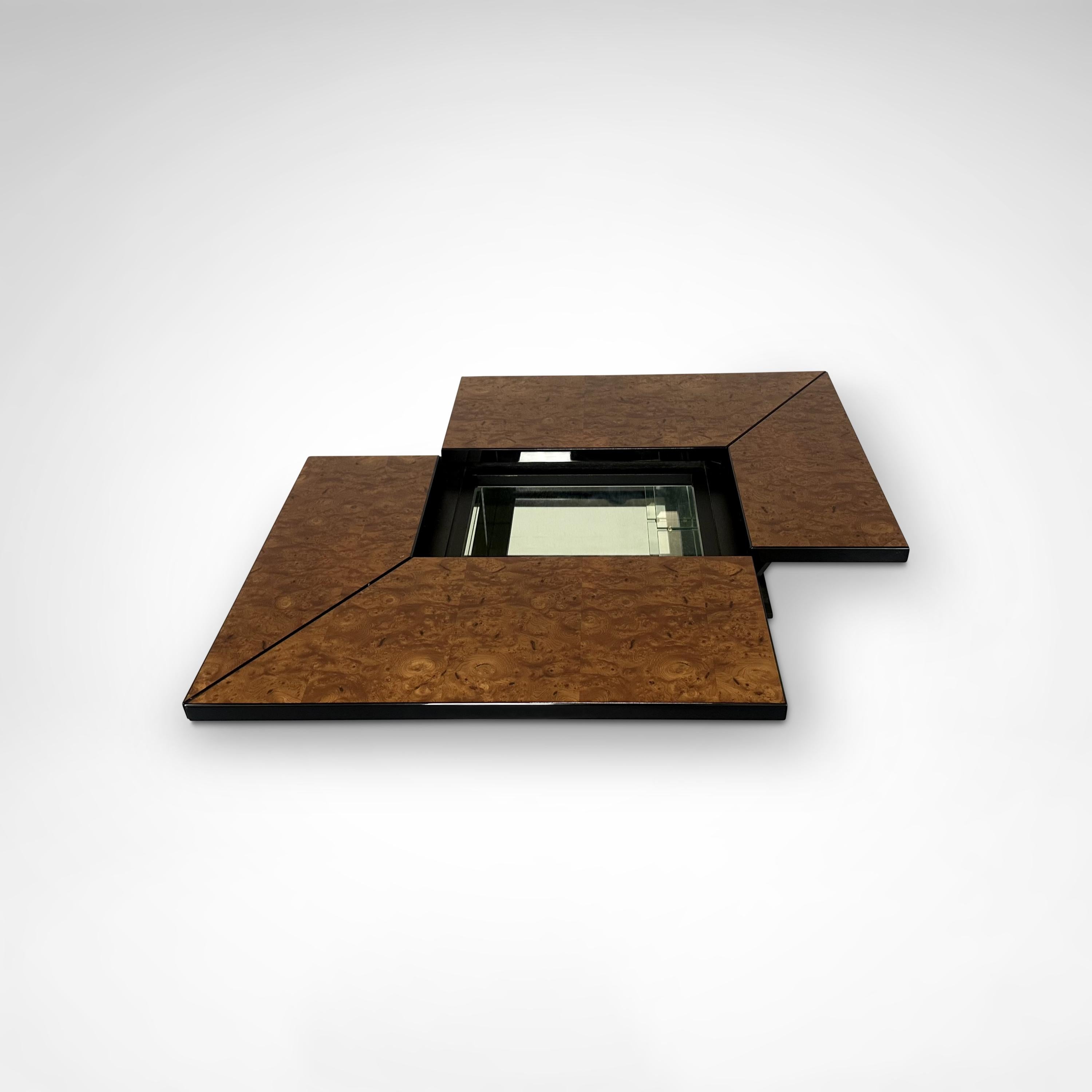French Burl wood coffee table with bar by Paul Michel for Roche Bobois 1980s