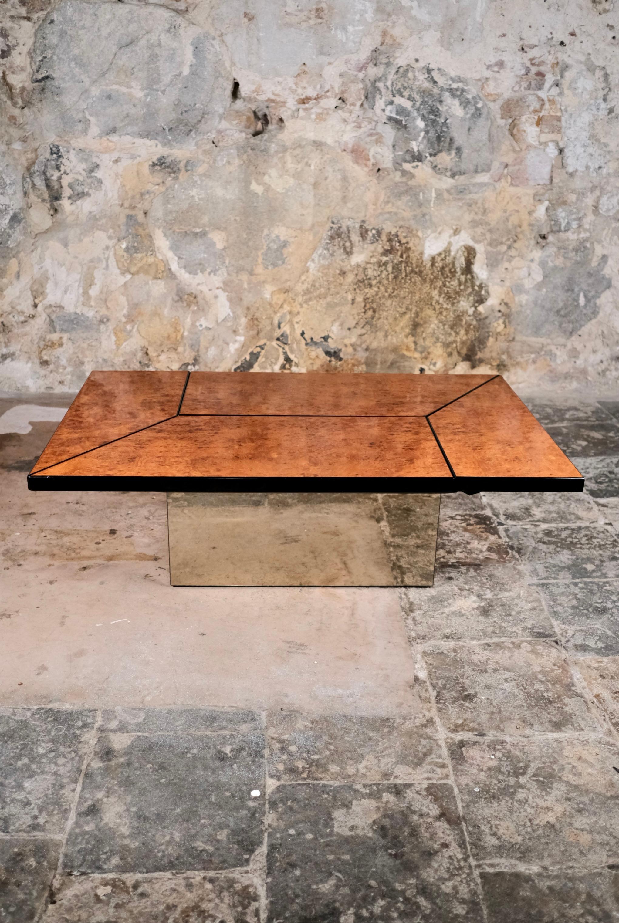 Late 20th Century Burl wood coffee table with bar by Paul Michel for Roche Bobois, 1980s For Sale