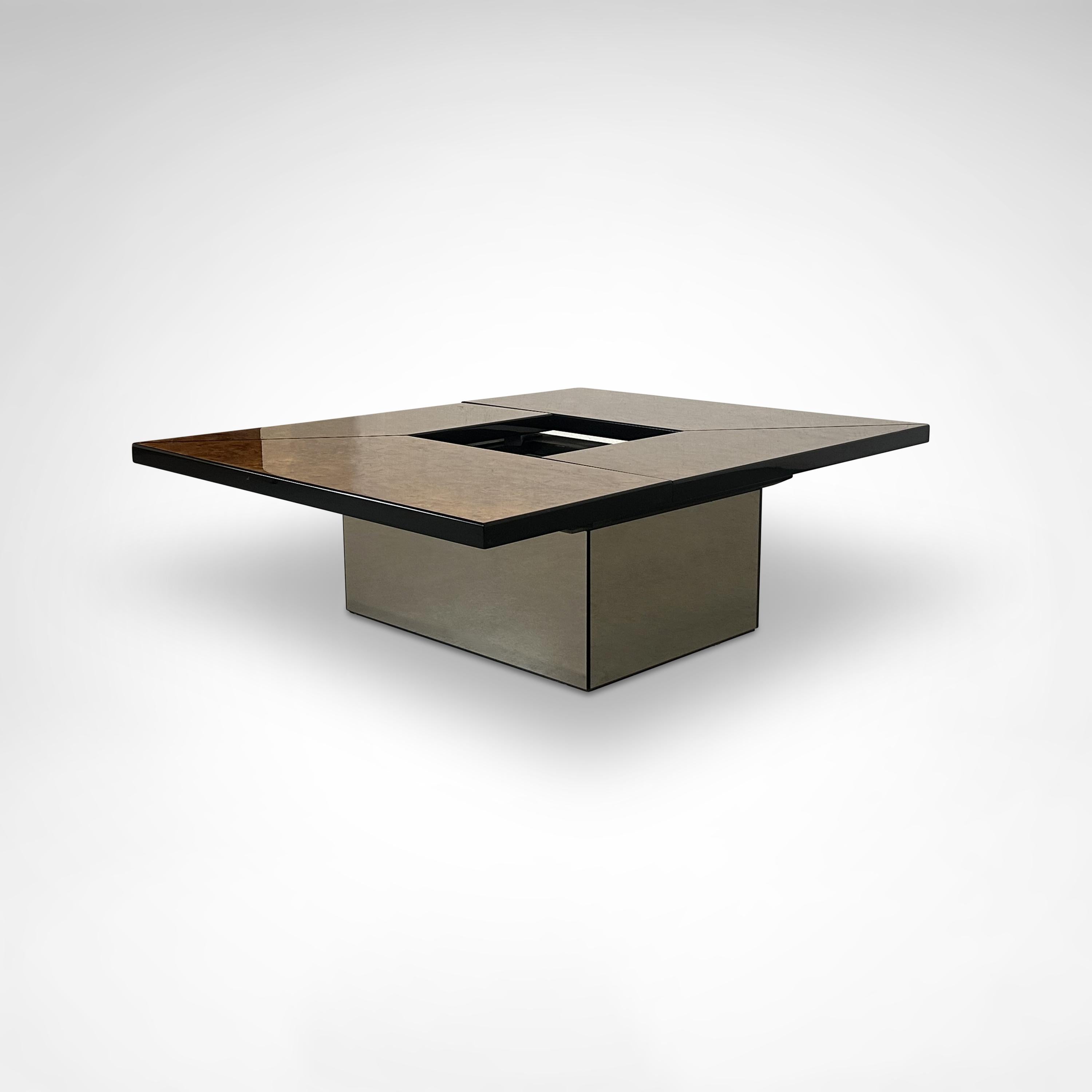 Glass Burl wood coffee table with bar by Paul Michel for Roche Bobois 1980s
