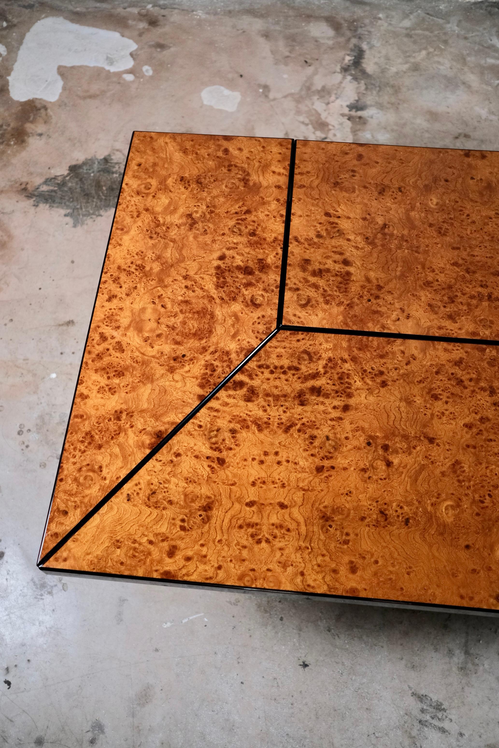 Burl wood coffee table with bar by Paul Michel for Roche Bobois, 1980s For Sale 1