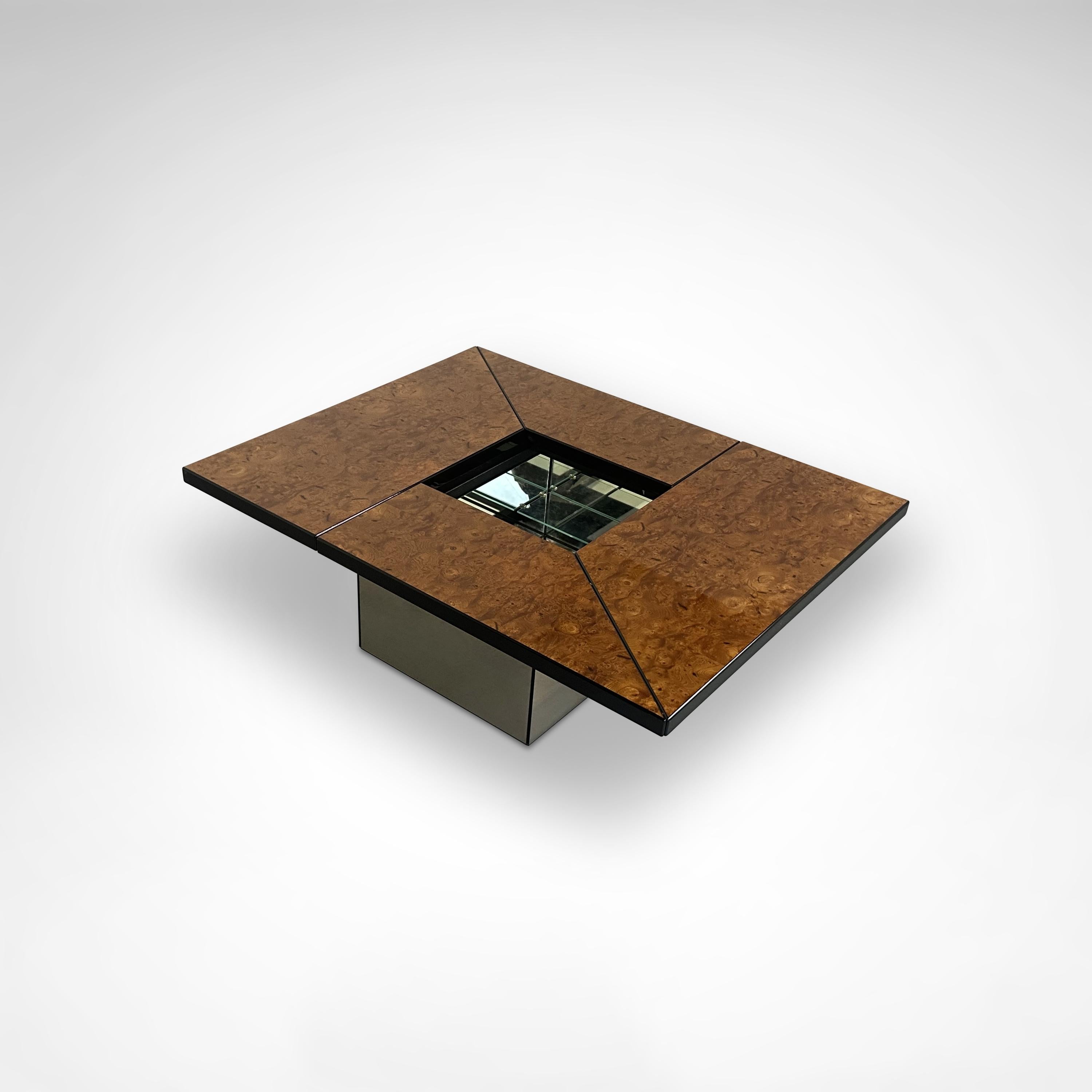 Burl wood coffee table with bar by Paul Michel for Roche Bobois 1980s 1