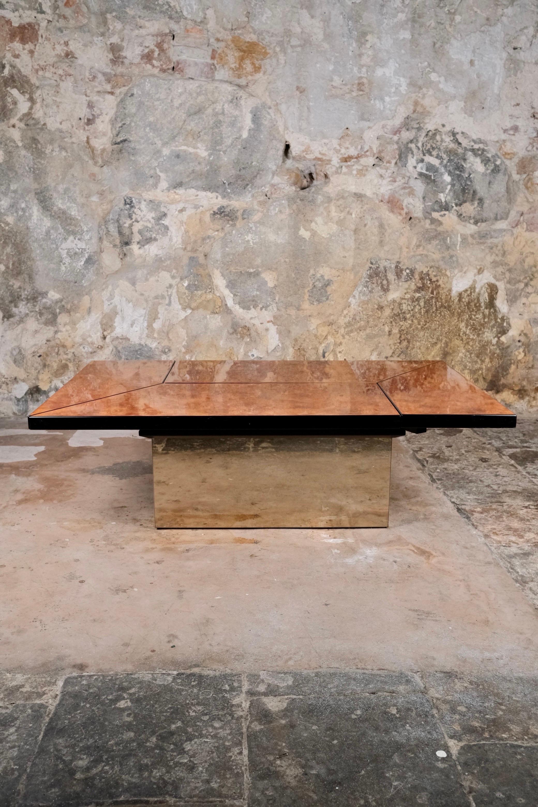 Hollywood Regency Burl wood coffee table with bar by Paul Michel for Roche Bobois, France, 1980s