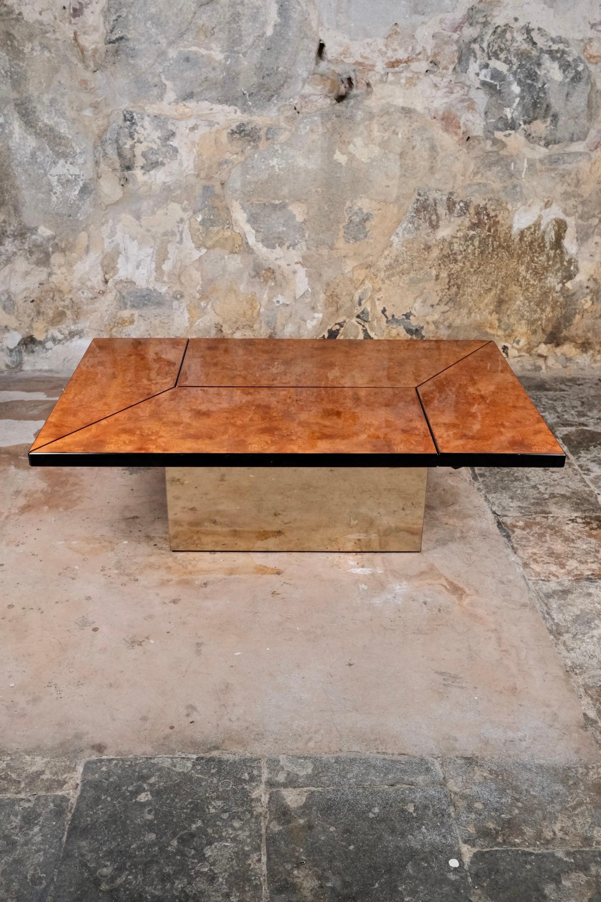 French Burl wood coffee table with bar by Paul Michel for Roche Bobois, France, 1980s