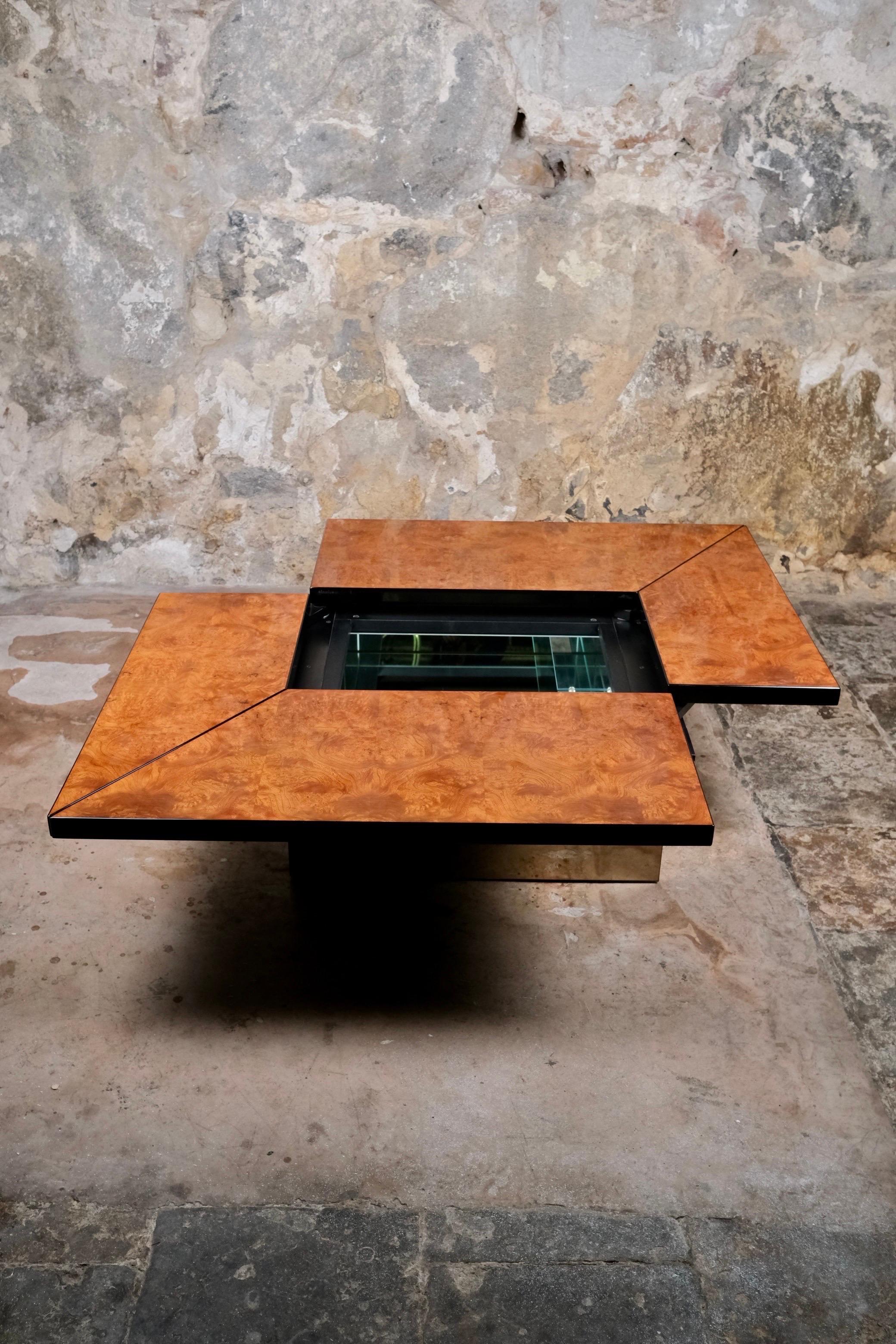 Lacquered Burl wood coffee table with bar by Paul Michel for Roche Bobois, France, 1980s