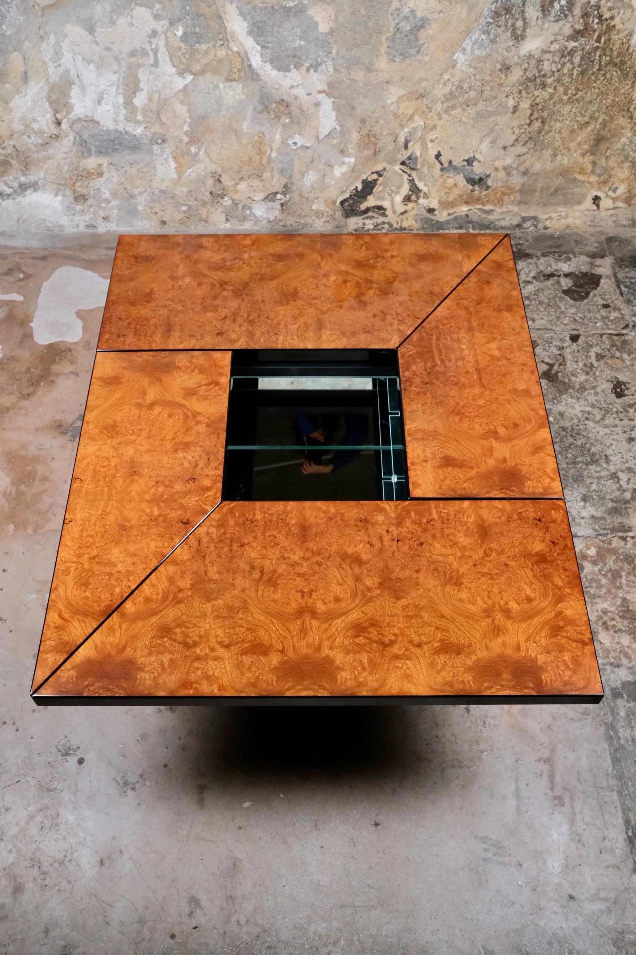 Late 20th Century Burl wood coffee table with bar by Paul Michel for Roche Bobois, France, 1980s