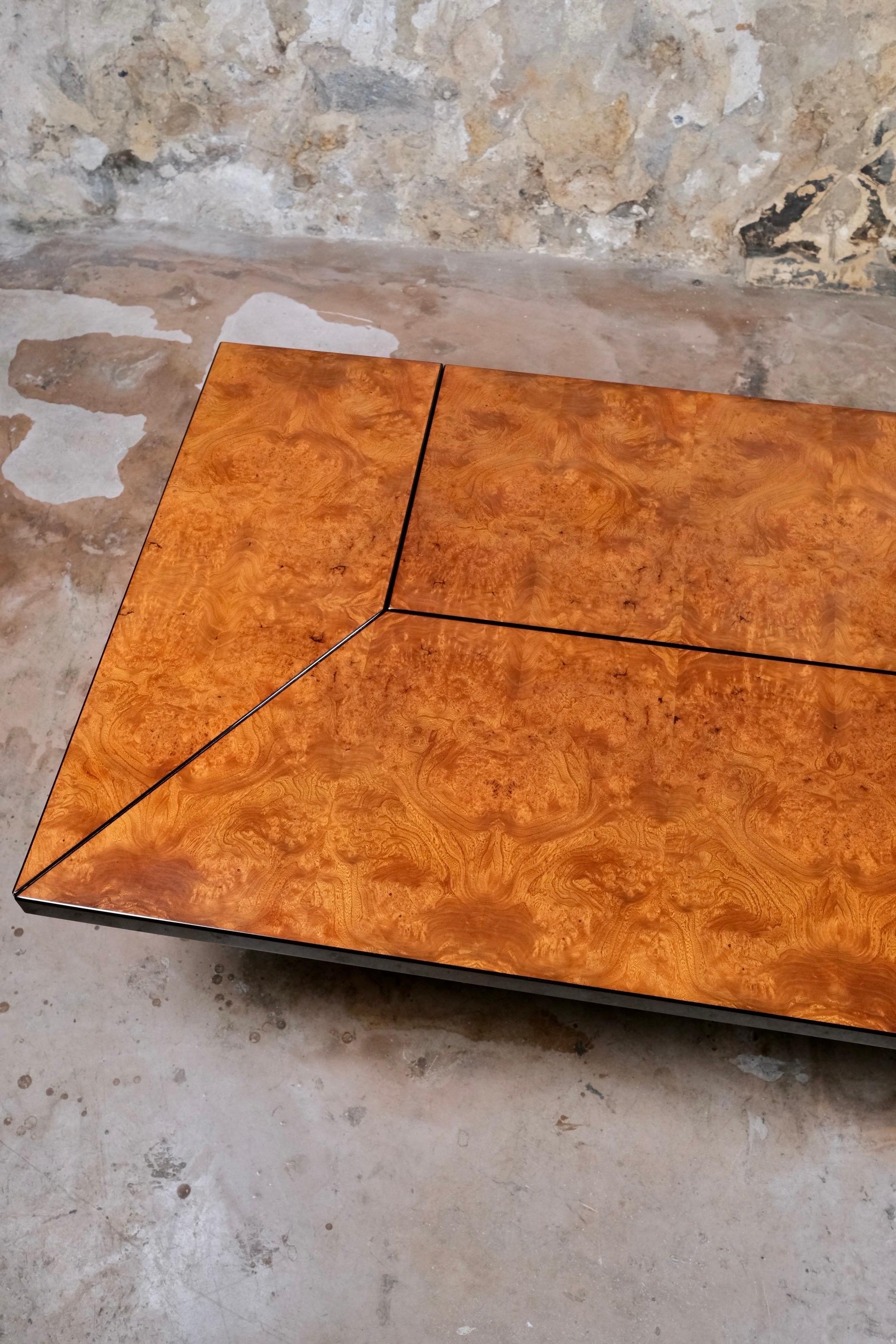 Mirror Burl wood coffee table with bar by Paul Michel for Roche Bobois, France, 1980s