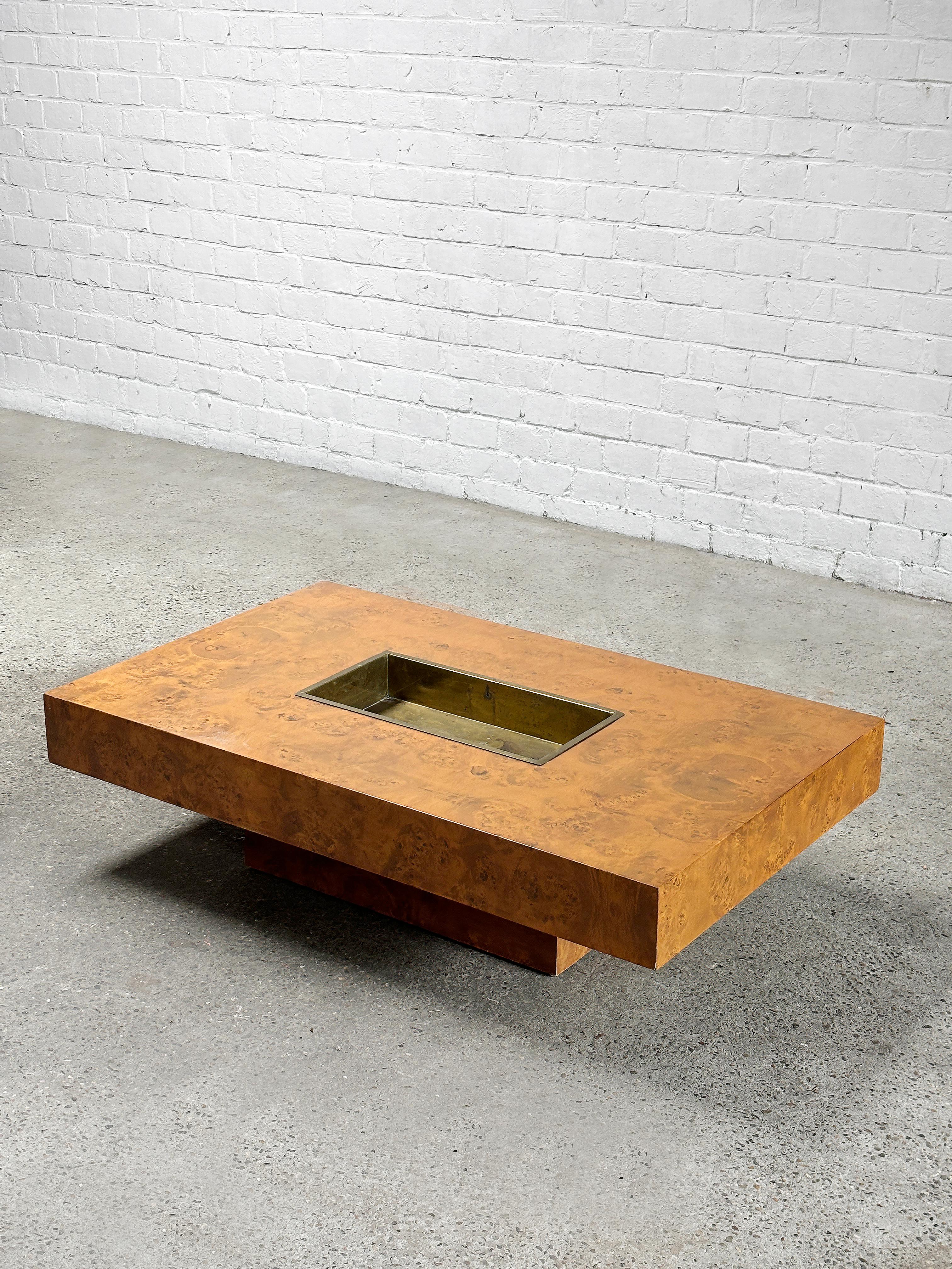 Mid-Century Modern Burl Wood Coffee Table With Brass Bar By Jean Charles for Maison Charles, 1970's For Sale