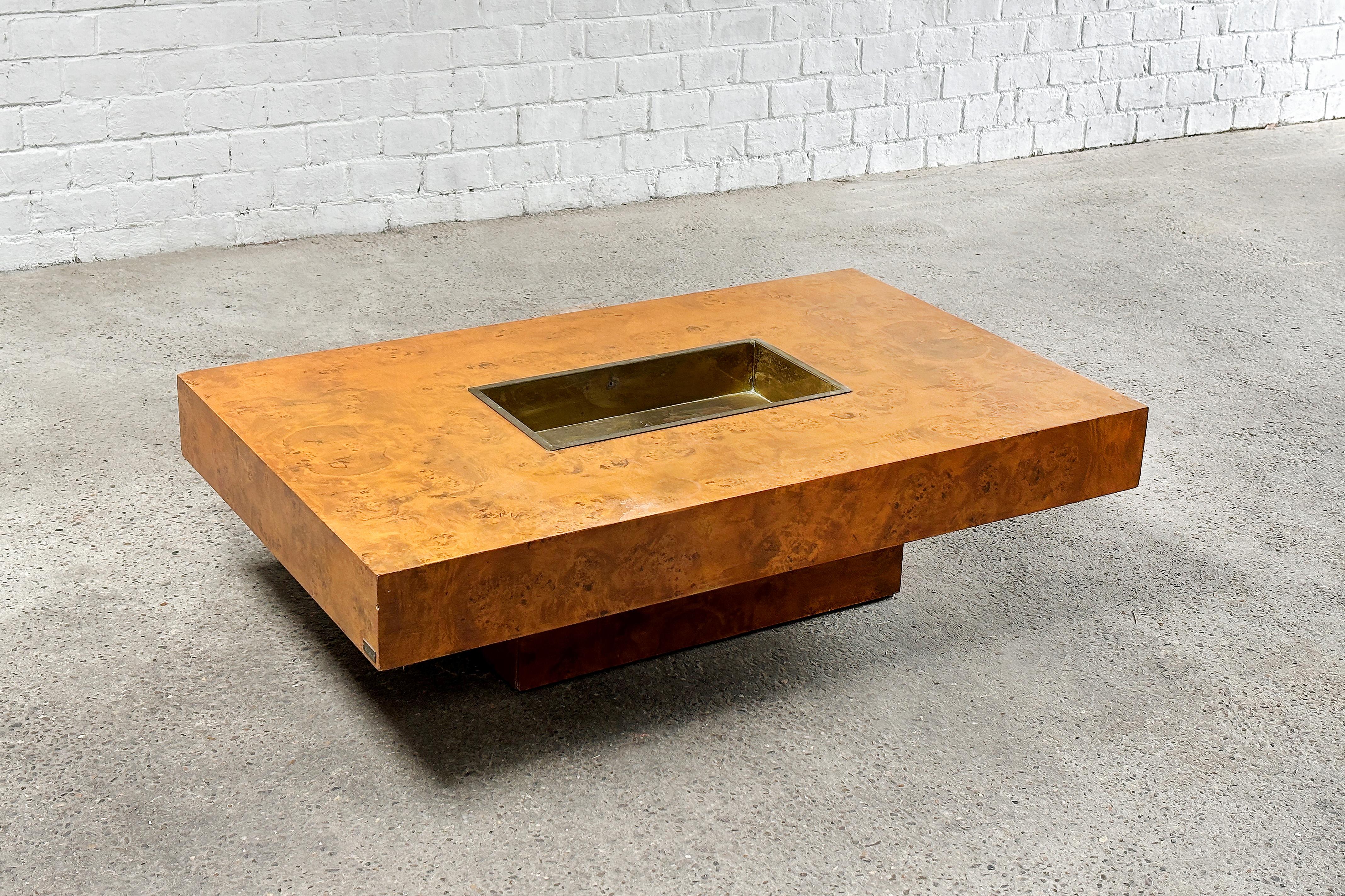 French Burl Wood Coffee Table With Brass Bar By Jean Charles for Maison Charles, 1970's For Sale