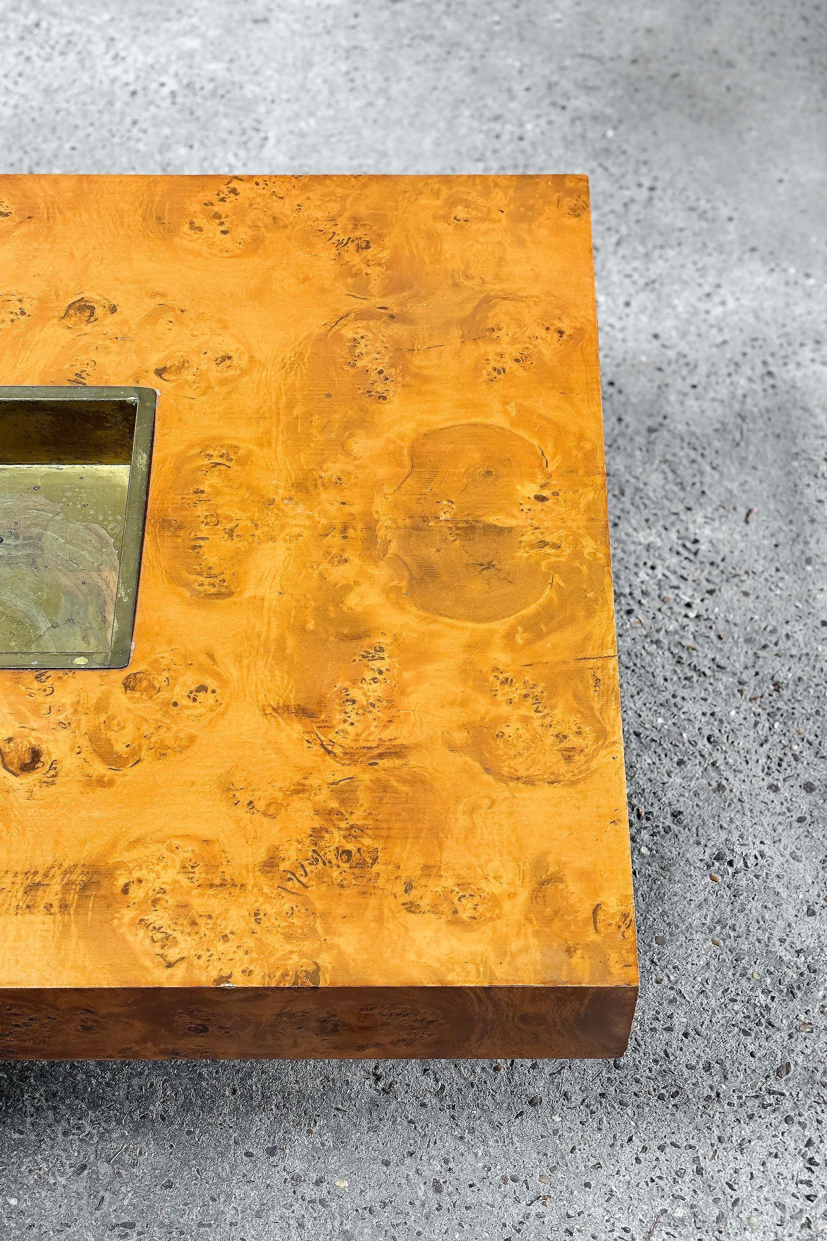 Late 20th Century Burl Wood Coffee Table With Brass Bar By Jean Charles for Maison Charles, 1970's For Sale