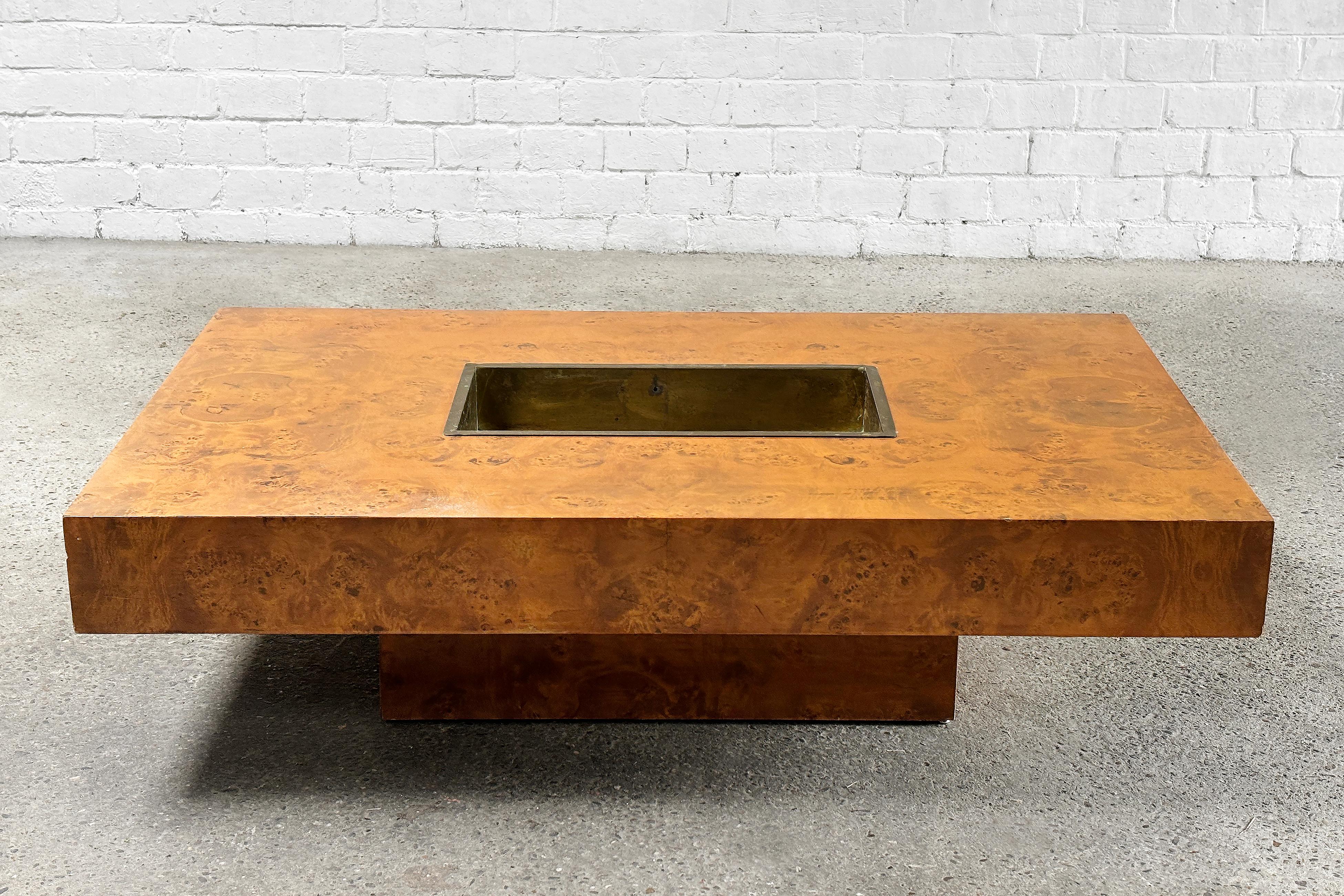 Burl Wood Coffee Table With Brass Bar By Jean Charles for Maison Charles, 1970's For Sale 1