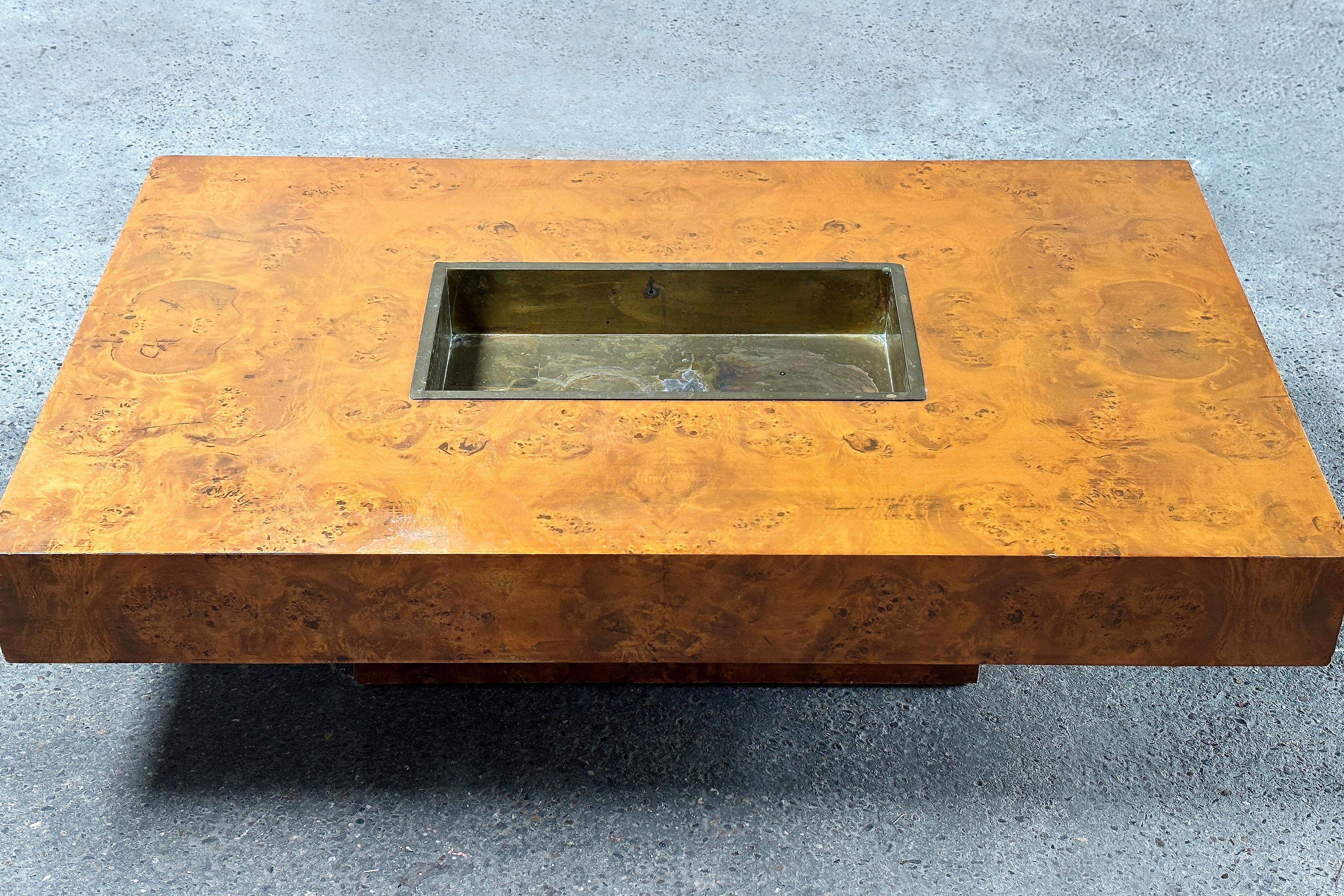 Burl Wood Coffee Table With Brass Bar By Jean Charles for Maison Charles, 1970's For Sale 2