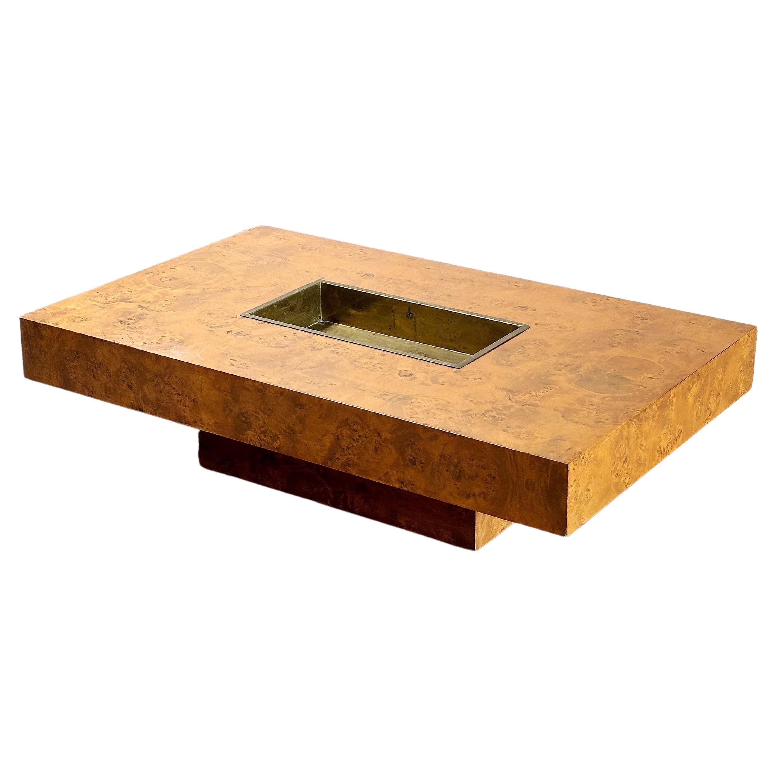 Burl Wood Coffee Table With Brass Bar By Jean Charles for Maison Charles, 1970's For Sale