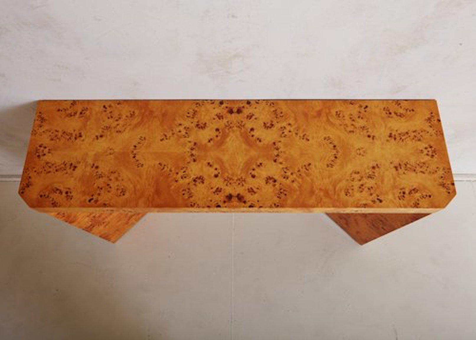 Brass Burl Wood Console Table, France 20th Century