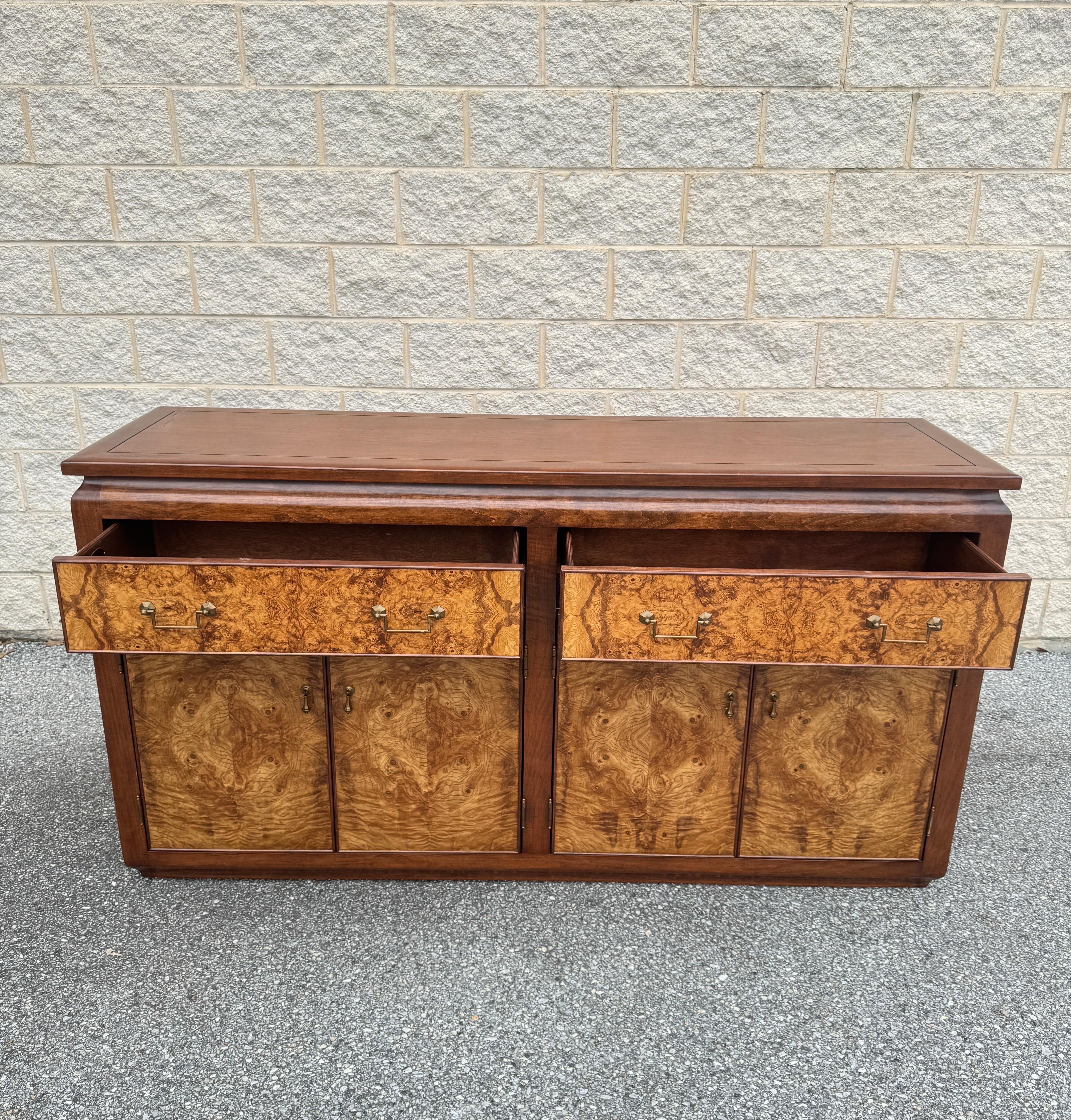 Burl Wood Credenza with Rosewood Trim and Brass Accents by Bau California For Sale 4