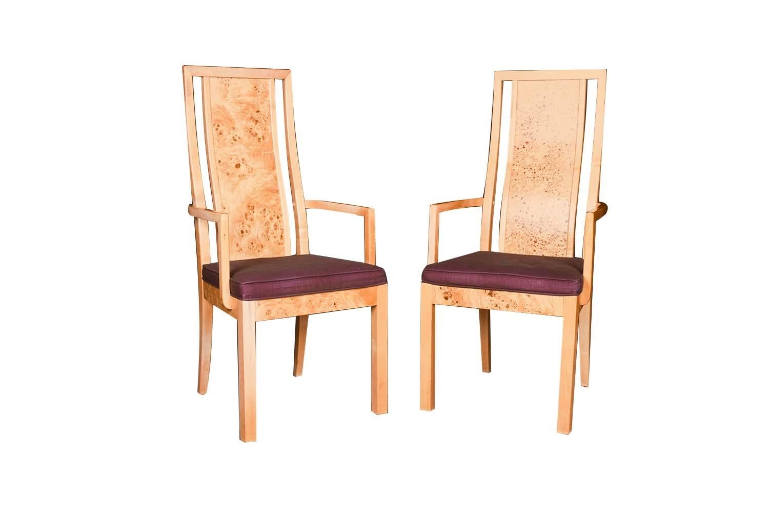 A set of six gorgeous, burled elm wood dining chairs by Founders Furniture for Thomasville, circa 1970’s. The burled elm wood frames feature modern styling with a distinct beautiful design. Sculpturally carved backrests with curved back legs. Rich,