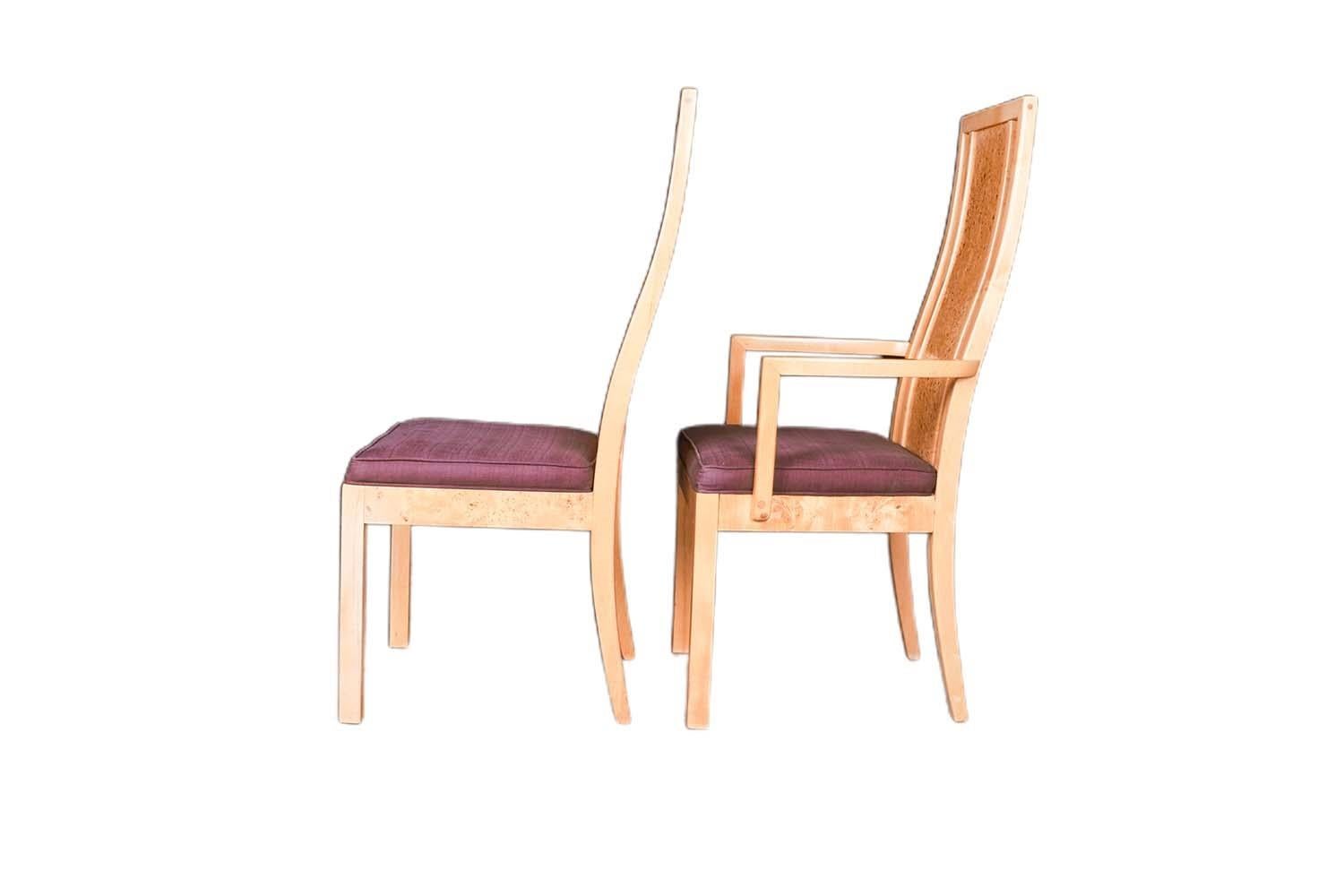 Late 20th Century Burl Wood Dining Chairs Mid Century Milo Baughman Style