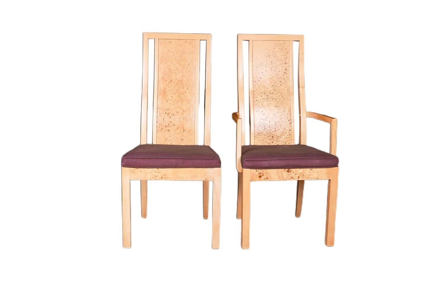 Upholstery Burl Wood Dining Chairs Mid Century Milo Baughman Style