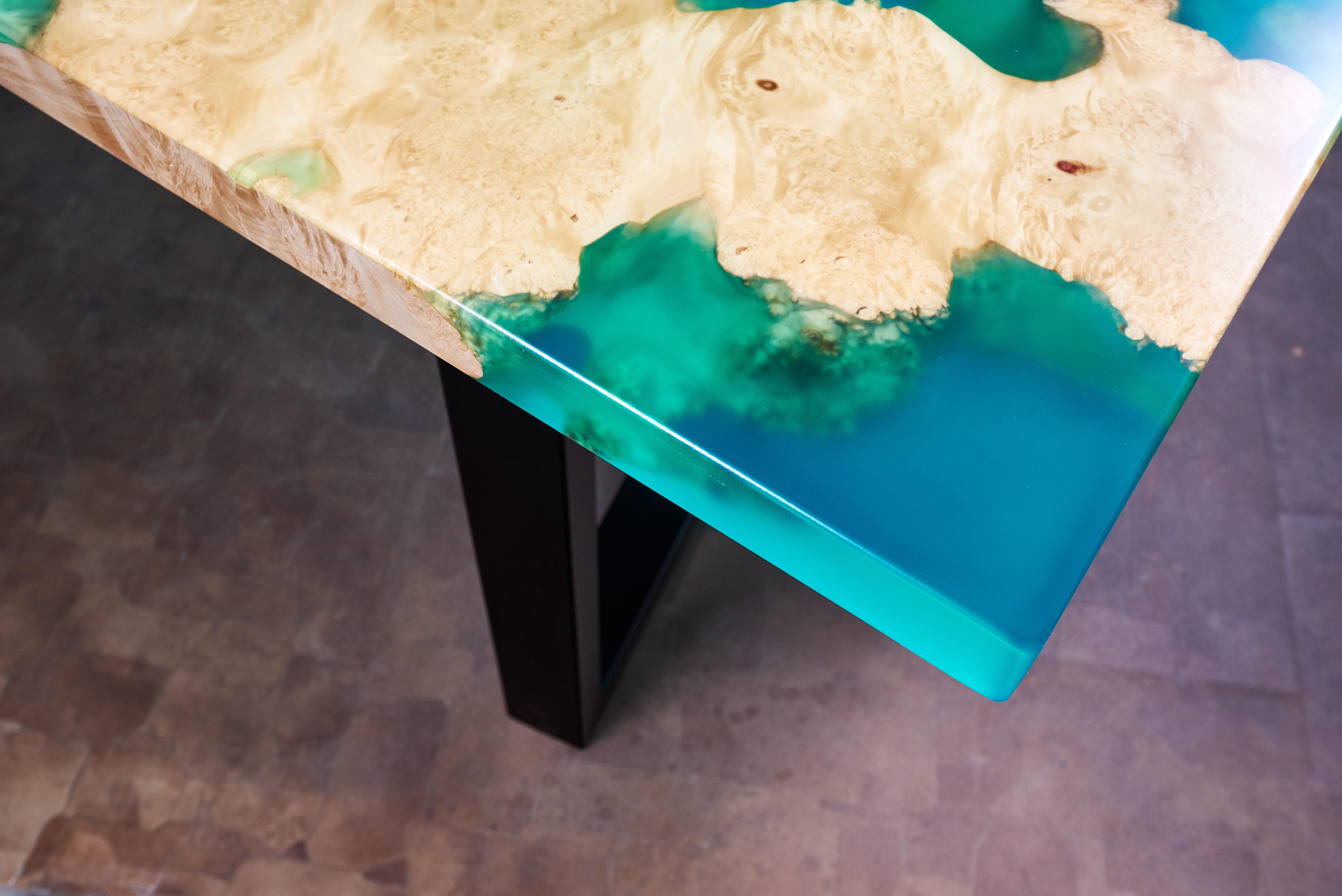 Table de salle à manger en bois de ronce Table moderne contemporaine Table en résine époxy faite à la main en vente 11