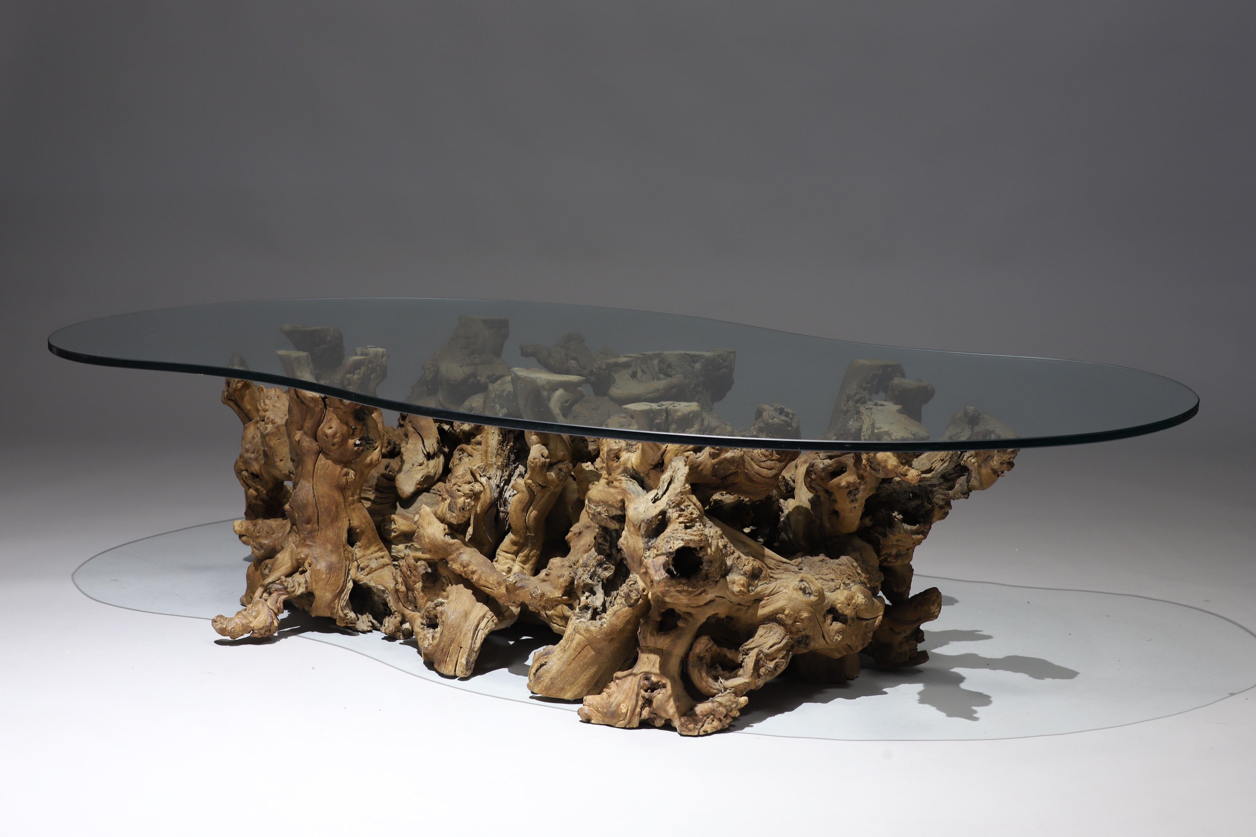Free form glass top cocktail table with burled wood base.